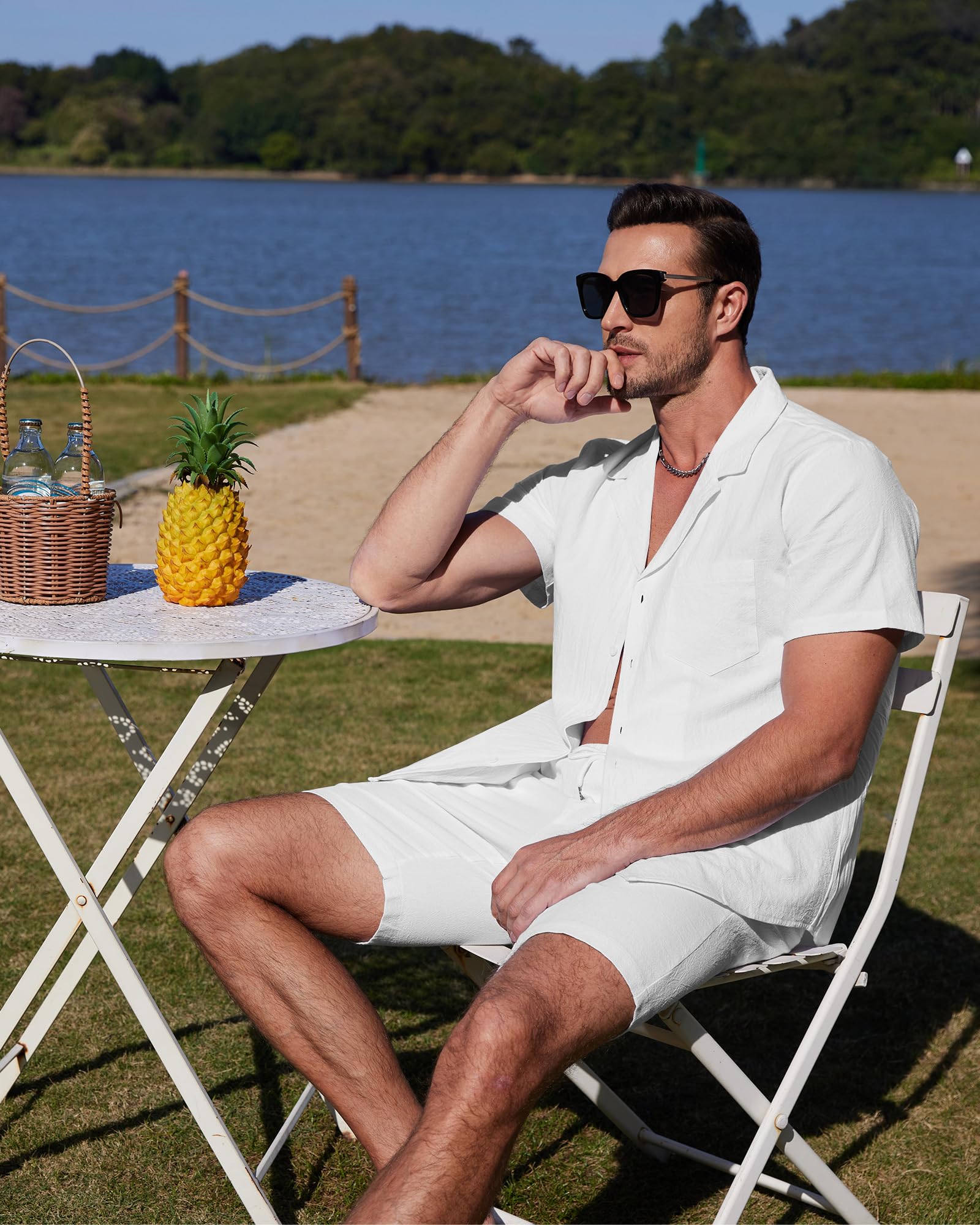 YAOHUOLE Conjunto de camisa y pantalones cortos de algodón y lino para hombre, conjunto de 2 piezas, ropa casual de verano, vacaciones, playa, trajes de boda