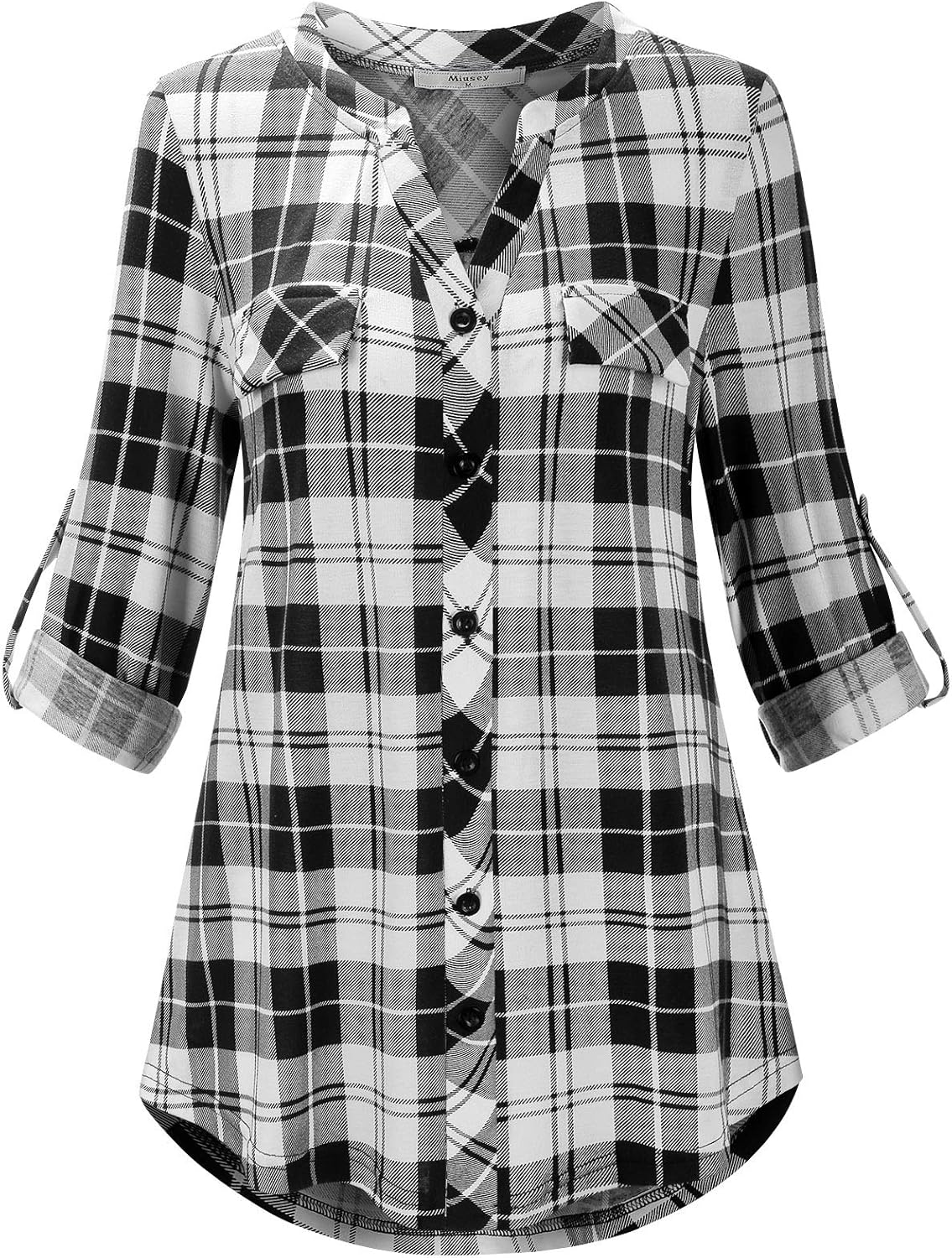 Miusey Women 3/4 Roll-Up Sleeve Plaid Tunic Blouse Button Down Casual Blouses Work Tops