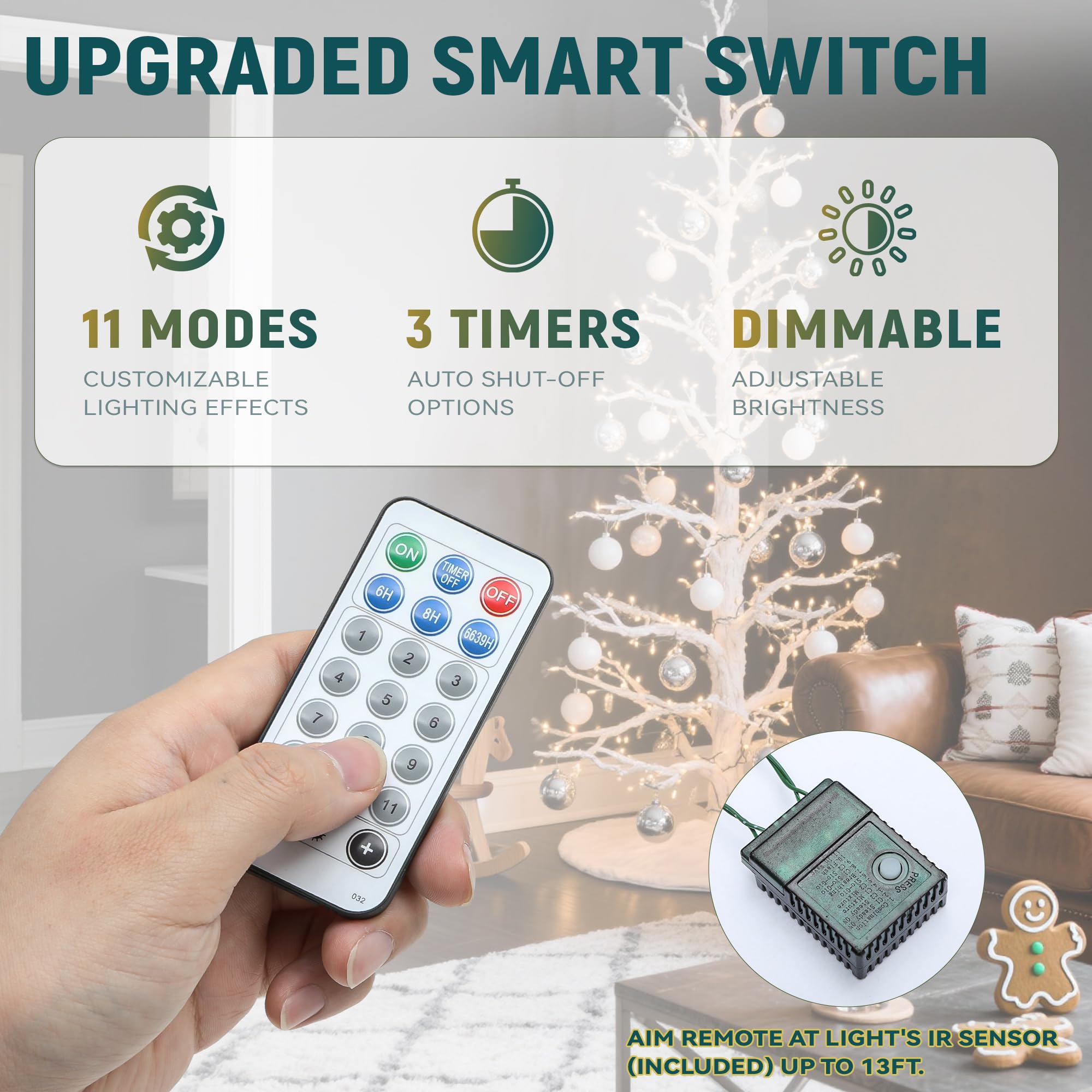 YITAHOME Sapin de Noël Artificiel Blanc de 1,8 m avec télécommande, Technologie de charnière, 300 lumières interchangeables Blanc Chaud et Multicolore, 550 Pointes en polyéthylène pour Noël