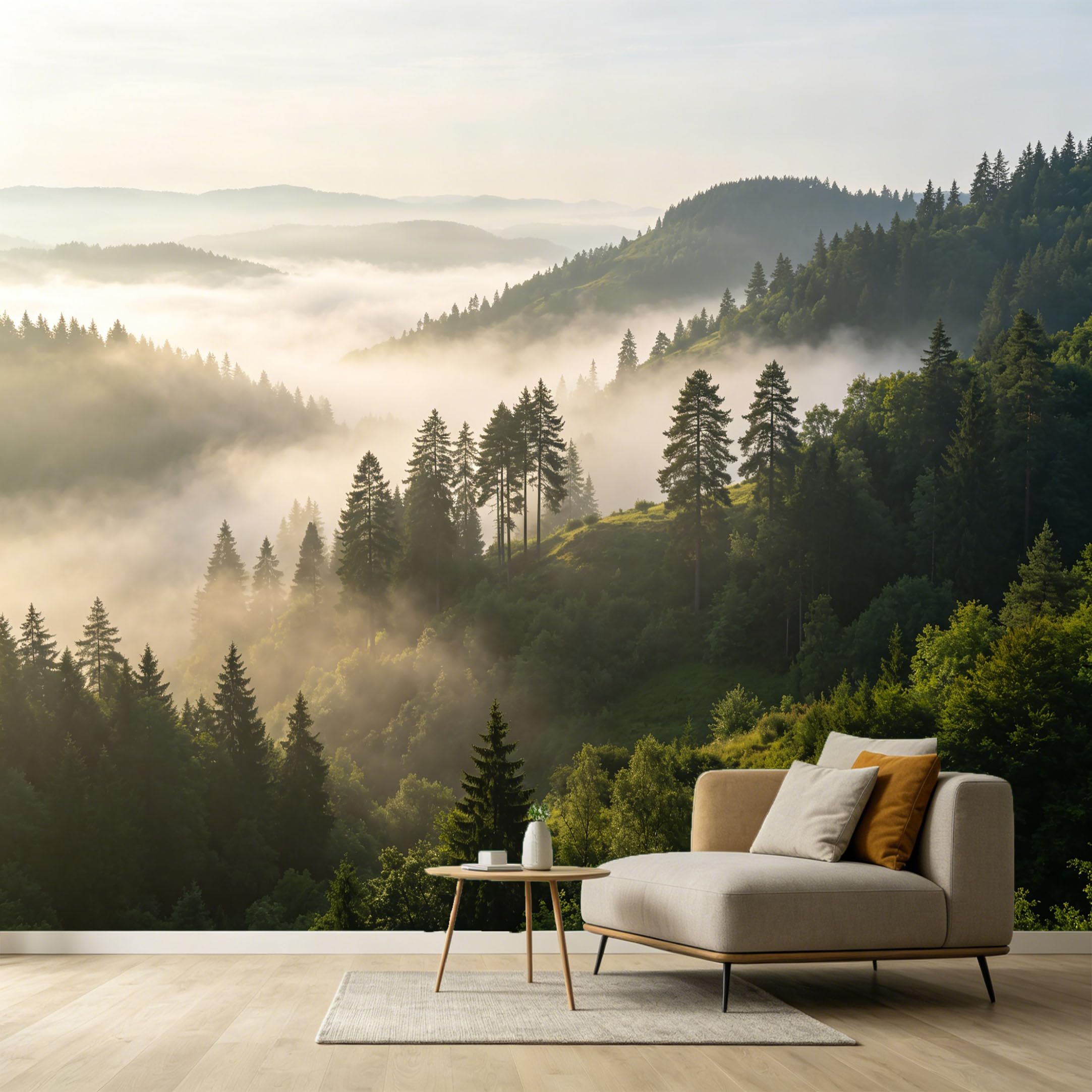Custom Size Wall Murals Misty Forest Landscape Mountain Peak Morning Sunlight SelfAdhesive Wall Fabric Removable Large Wallpaper for Photo Living Room
