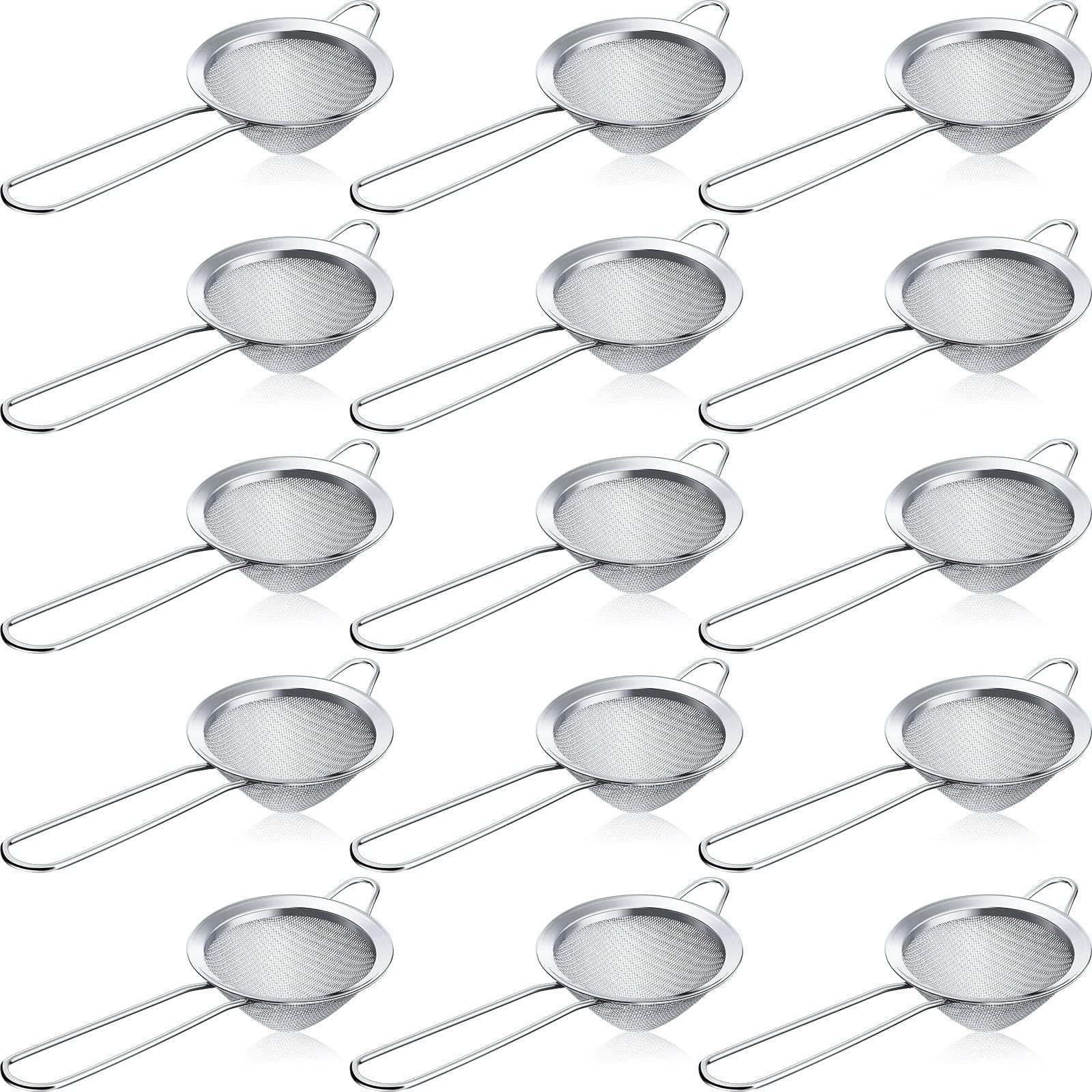 Yungyan 15 Packs Fine Mesh Small Strainer 3.3" Cocktail Strainer Stainless Steel Tea Strainers Mini Sieve Sifter for Juice, Tea Herbs, Coffee Drinks, Long Handle(Silver)