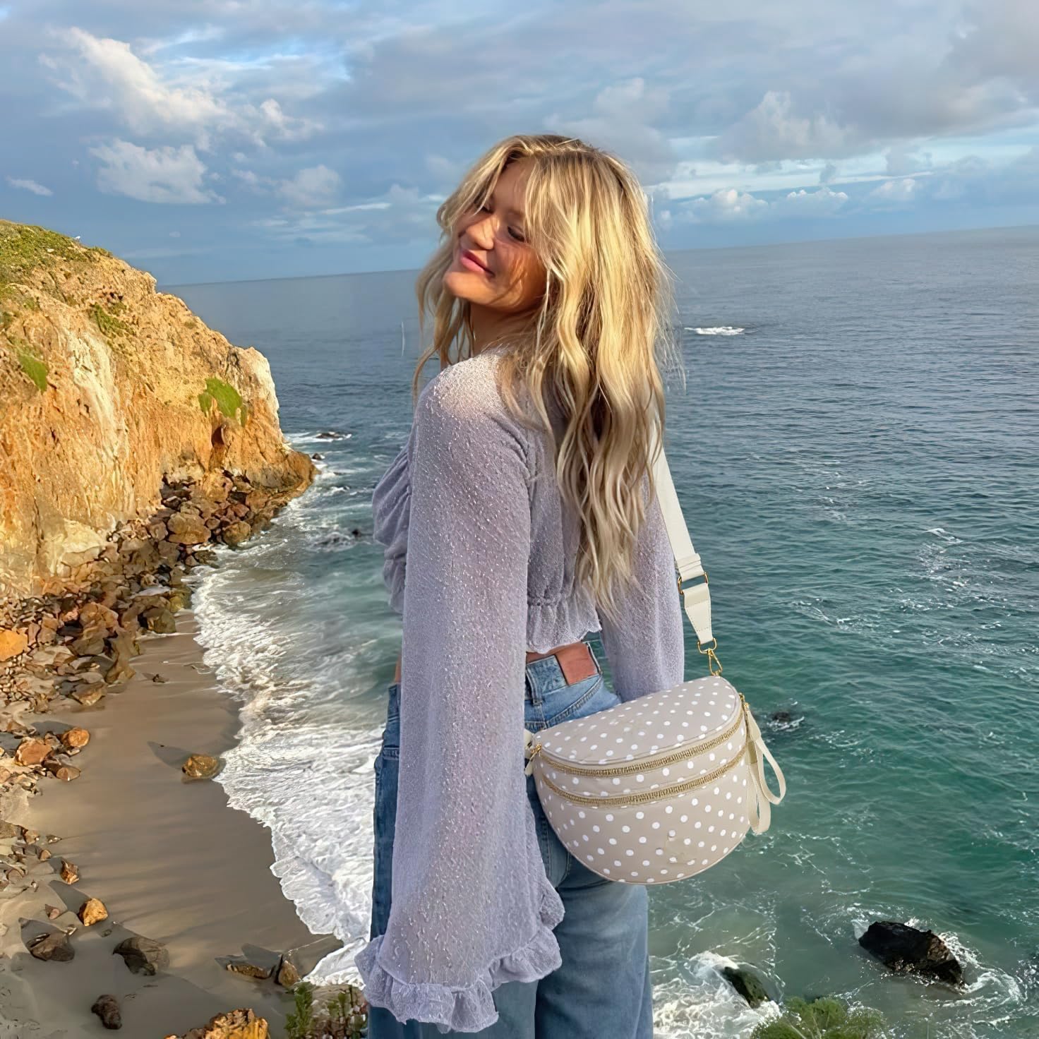 Polka Dots Crossbody Bag Bum Bag for Women,Spacious Checkered Purse Fanny Packs Belt Bag (Beige Polka Dots) - Image 2