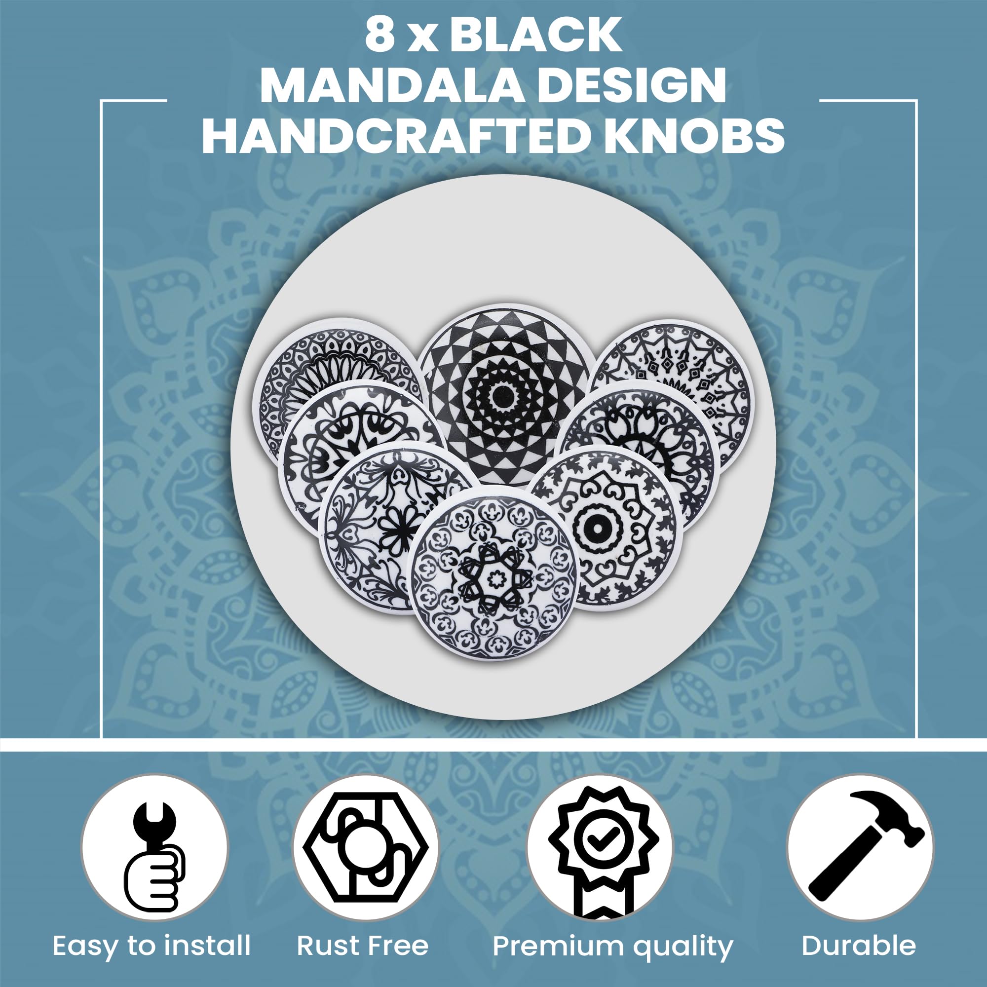 ETHNICITI 8 x Round Black & White Handmade Geometric Ceramic Door Knobs Cupboards Drawers Cabinets Wardrobe Assorted Vintage Shabby Chic Kitchen Bedroom Living Room Furniture Dressers Pulls Handles - Image 2