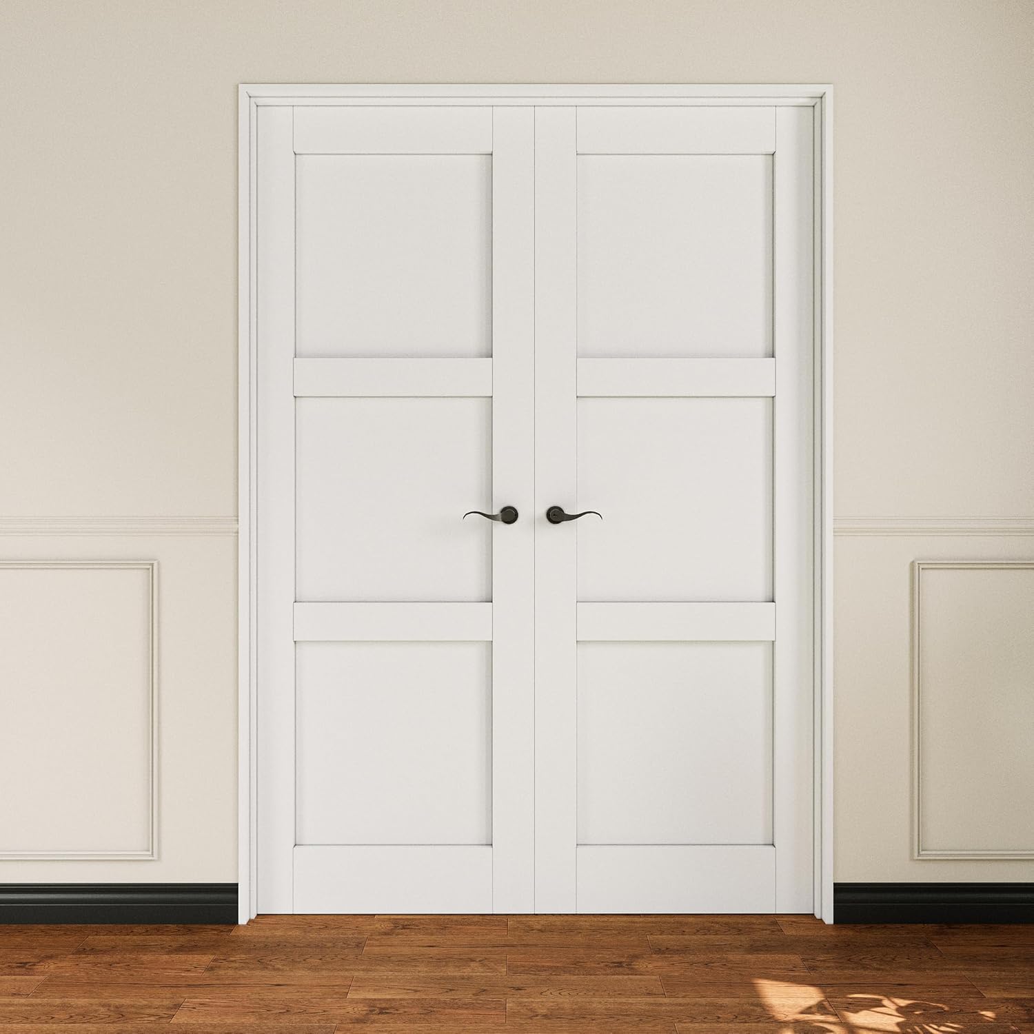 French Door 48" x 80" (Double 24" x 80") 3-Panel Solid Core Door Slabs with Pre-Hung Jamb, Black Hinges, Levers and Latch, White Primed, French Interior Doors with Frame, Swing Double Bedroom Doors