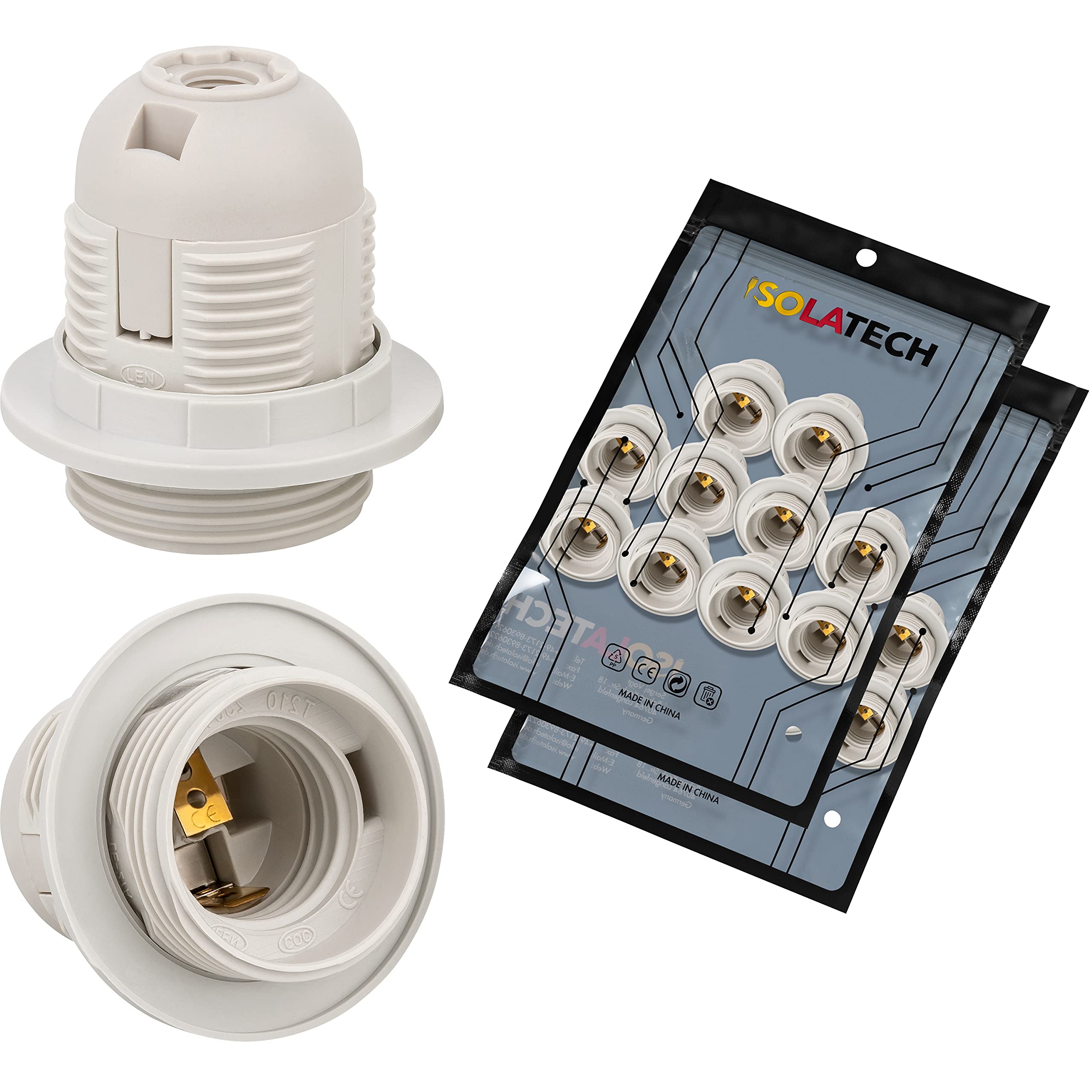 ISOLATECH 20x Casquillo E27 de Plástico con 2 Anillos para Pantalla | Máx. 250V/4A, Para bombillas LED y de bajo consumo, Soporte para techo, baño, cocina y nevera