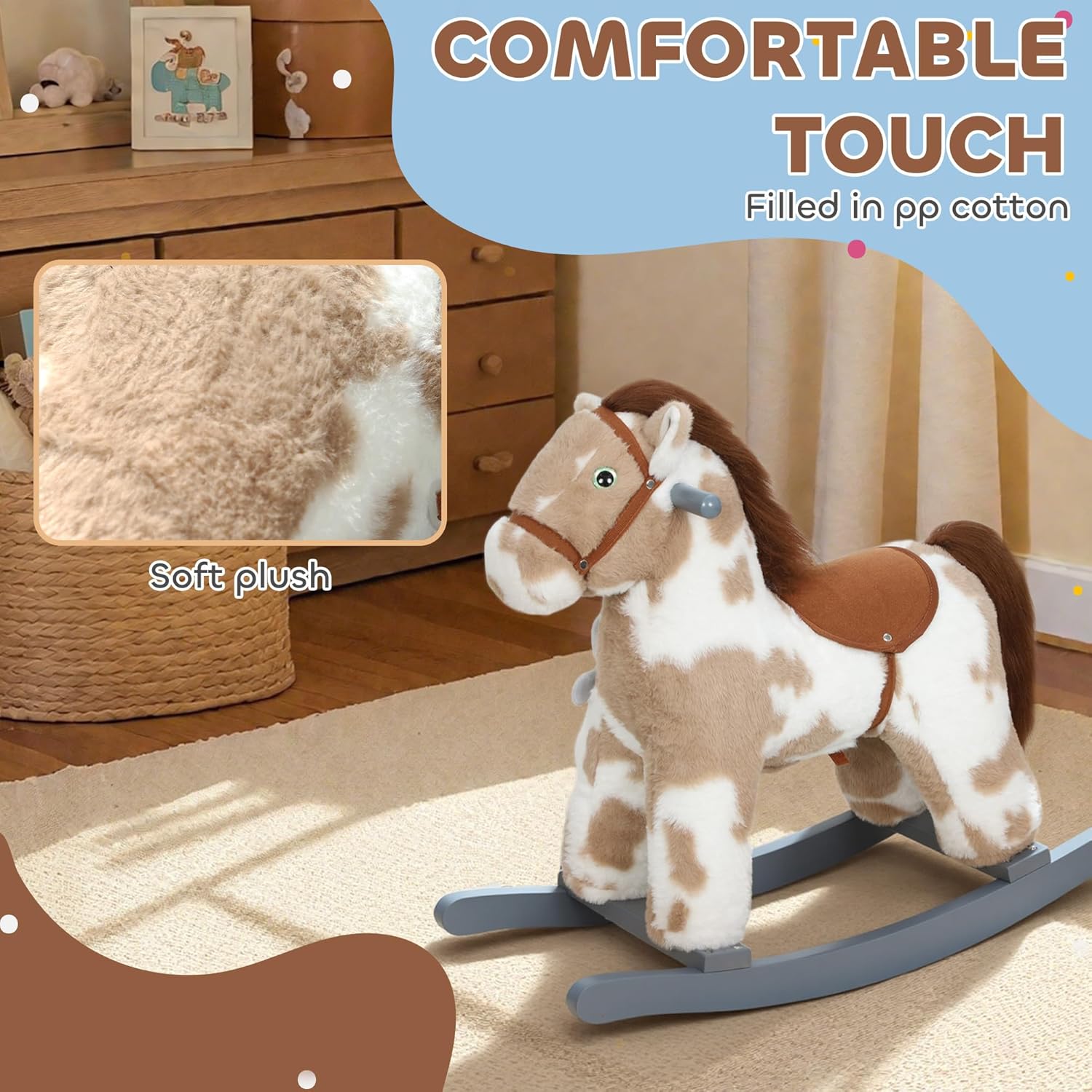 Qaba Rocking Horse, Kids Plush Animal Rocker with Realistic Neighing Sound for Toddlers 2–5 Years Old, Soft Filling Ride on Horse with Rabbit Toy, Light Brown