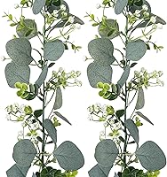Vista 8 de 2 guirnaldas artificiales de eucalipto de 5.9 pies con flores blancas, enredaderas falsas de dólar de plata sintética para colgar centros de mesa