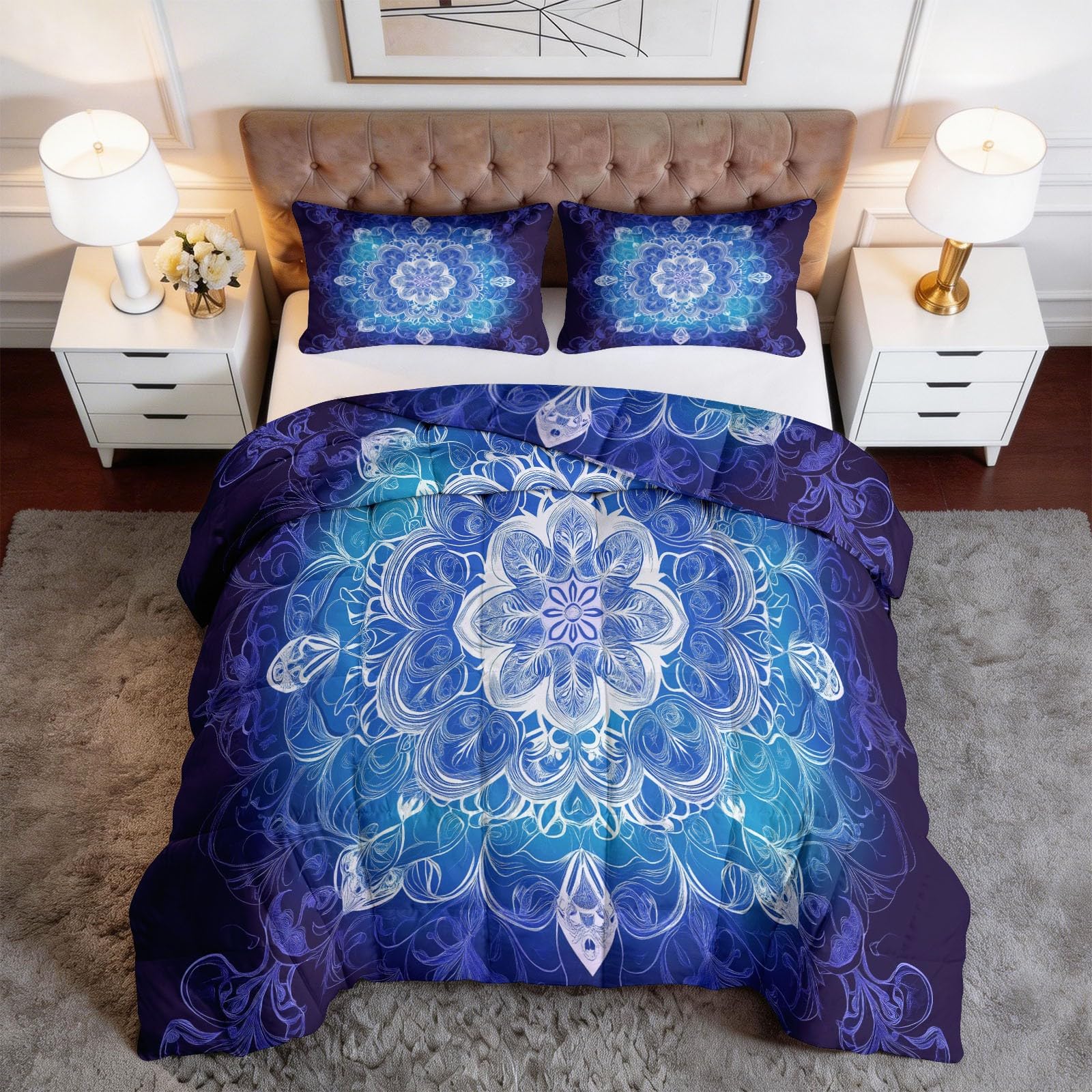 Couette bohème violette pour lit 2 personnes, parure de lit douce pour chambre parentale