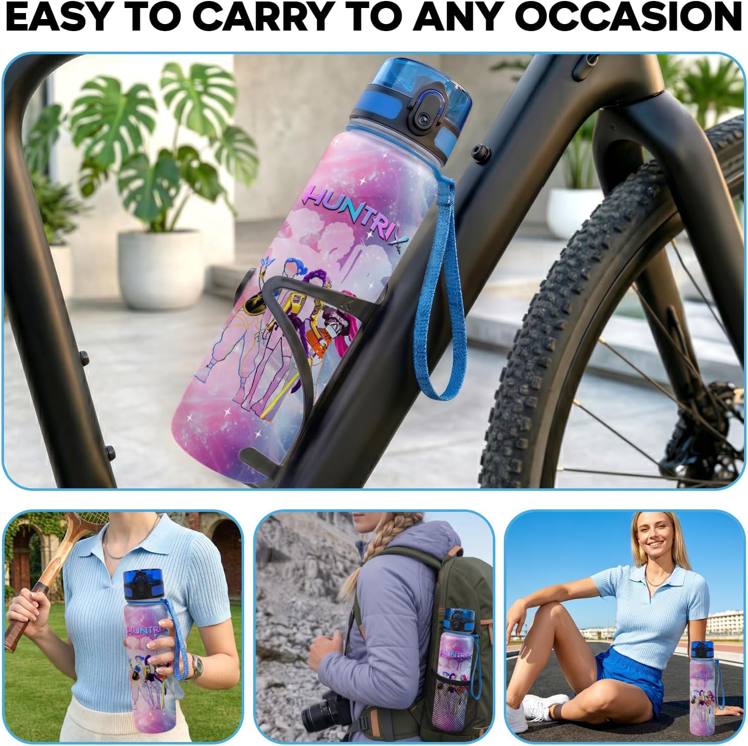 Demon Style 32oz Water Bottle with Time Marker, Cute Kawaii Cartoon Design Hydration Bottle, Reusable Drinking Bottle Gift for Teens Girls Women