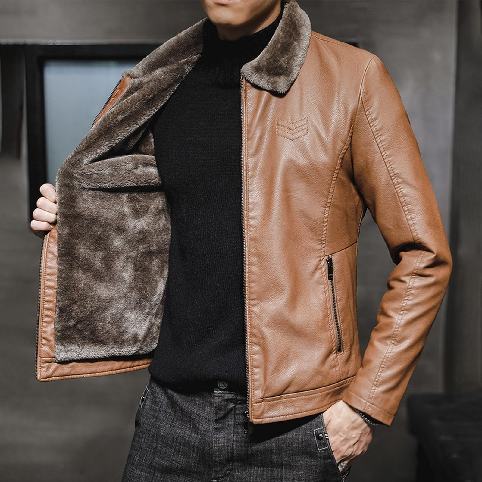 Blouson Moto Homme Veste en Similicuir avec Manteau Chaud d'hiver pour Les activités de Plein air, Design Tendance à col Montant, Durable, légère, Coupe-Vent, vêtements d'extérieur décontractés