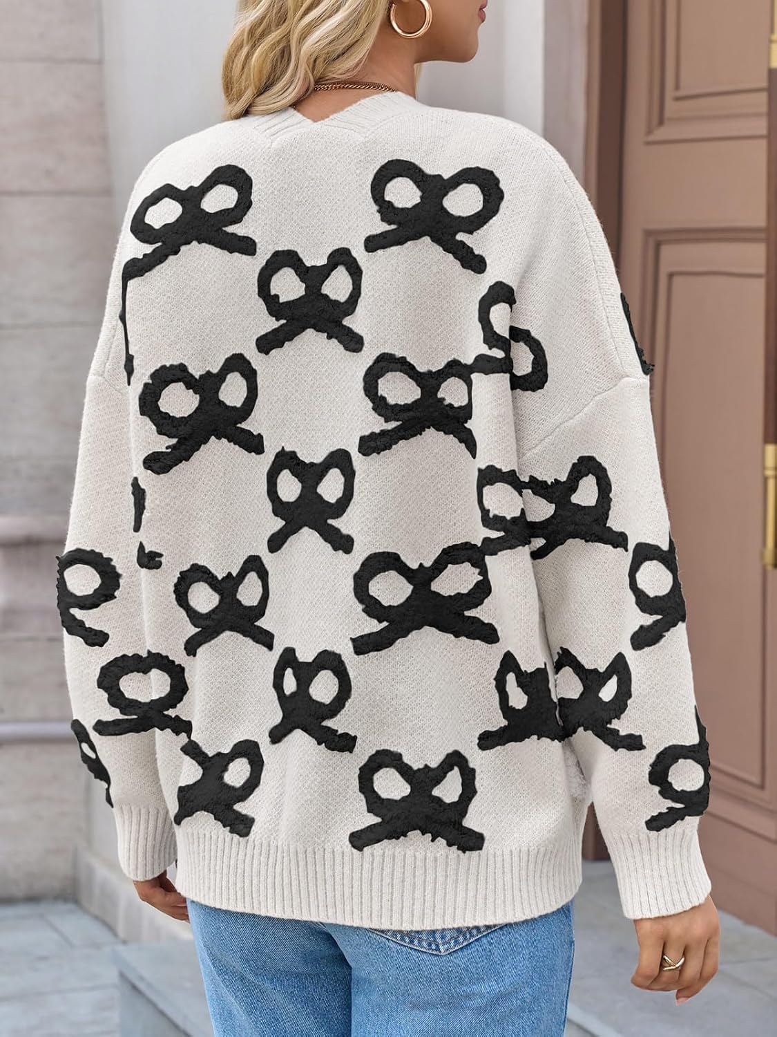 Saodimallsu Womens Bow Cardigan Sweaters Button Up Chunky Knit Loose Fit Fall Winter Sweater Coats with Pockets - Image 4