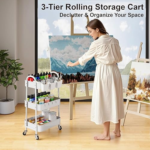 Miniatura 2 de Carrito rodante de metal blanco resistente de 3 niveles con ruedas bloqueables, carrito de aperitivos de tres niveles, carritos organizadores de