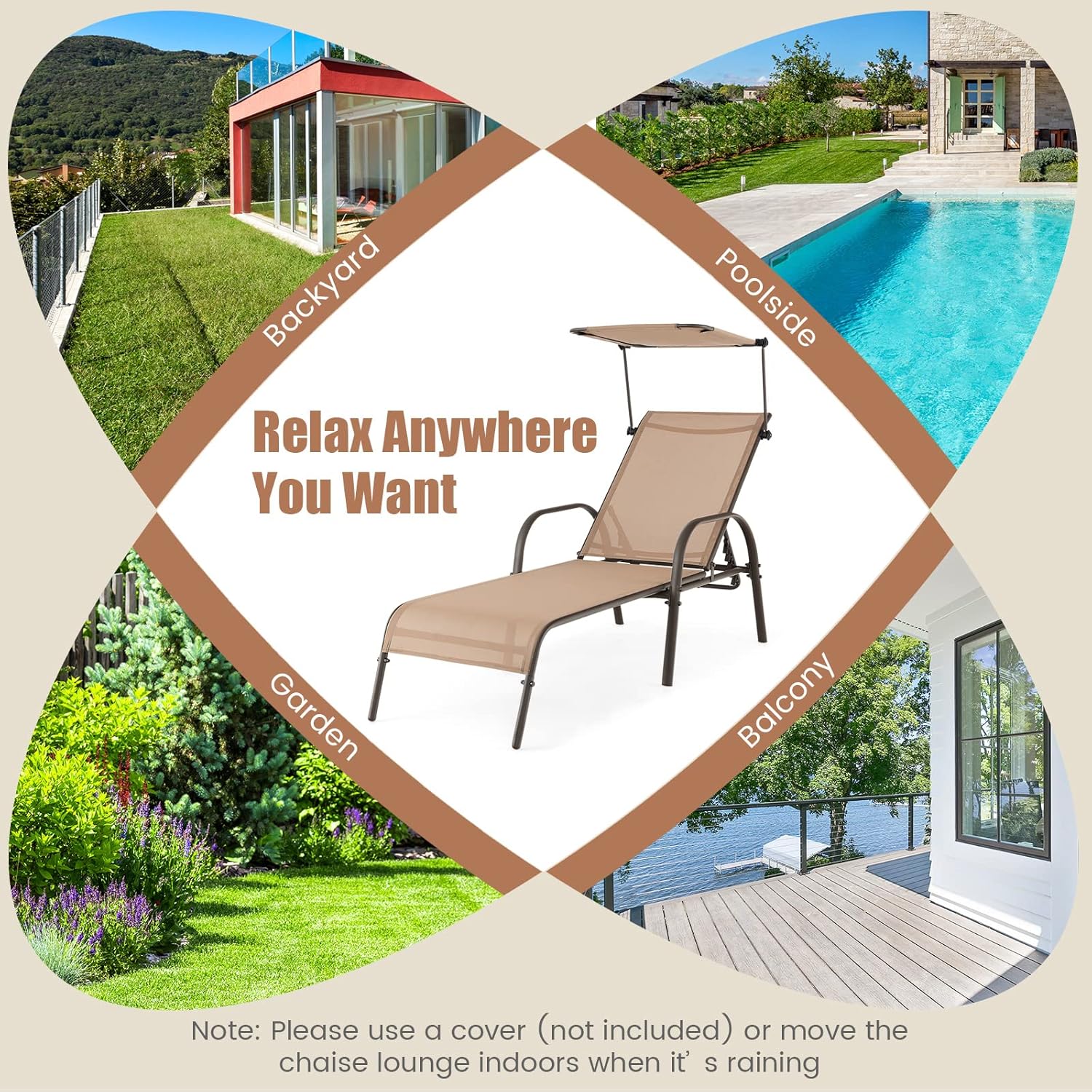 Brown Metal Outdoor Chaise Lounge with Adjustable Canopy and Cup Holder