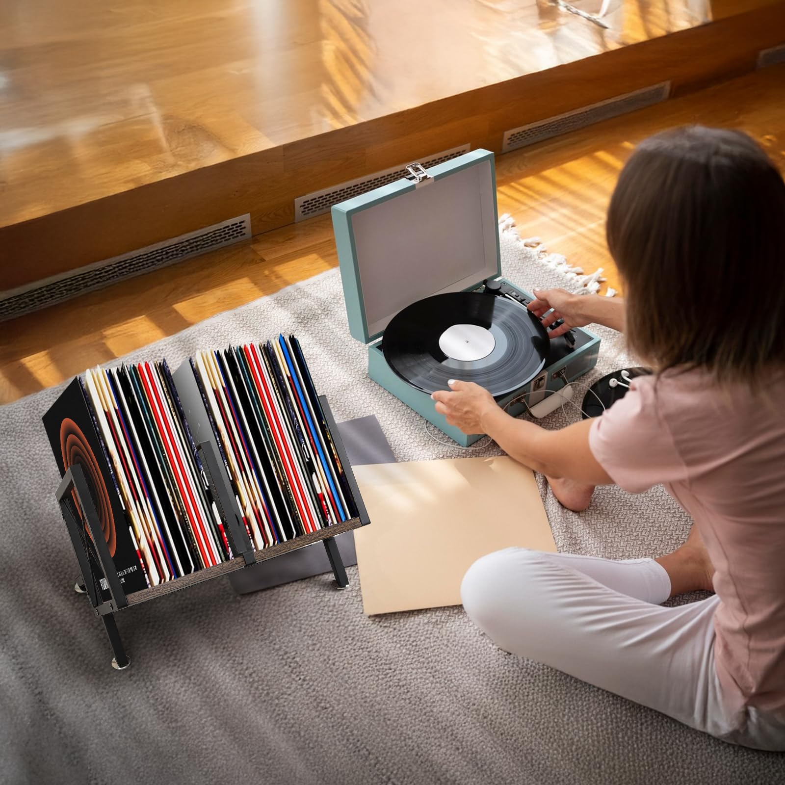 Estante de almacenamiento de discos de vinilo, soporte para discos de vinilo de 80-100 LP, soporte para exhibición, tonos profundos y silenciosos con texturas vintage envejecidas