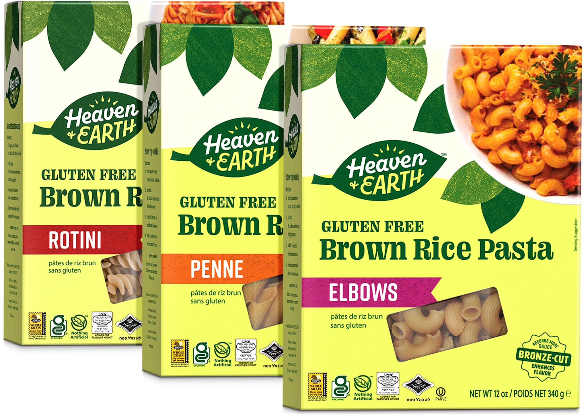 Heaven & Earth Brown Rice Pasta Variety Pack, 12oz (1 Rotini, 1 Penne, 1 Elbows) | Whole Grain | Gluten Free | Amazing Texure - Tastes Like Regular