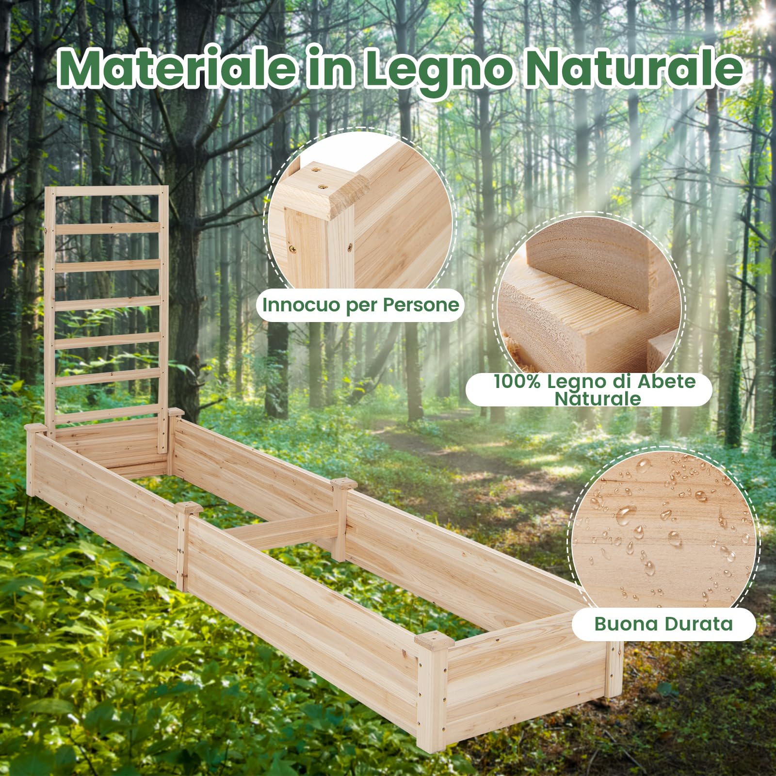 RELAX4LIFE Fioriera da Esterno, Orto Rialzato con Spalliera e 2 Cassoni, Base Aperta, Fioriera in Legno di Abete per Fiori e Piante Rampicanti per Balcone/Giardino (235x63x102cm, Naturale)