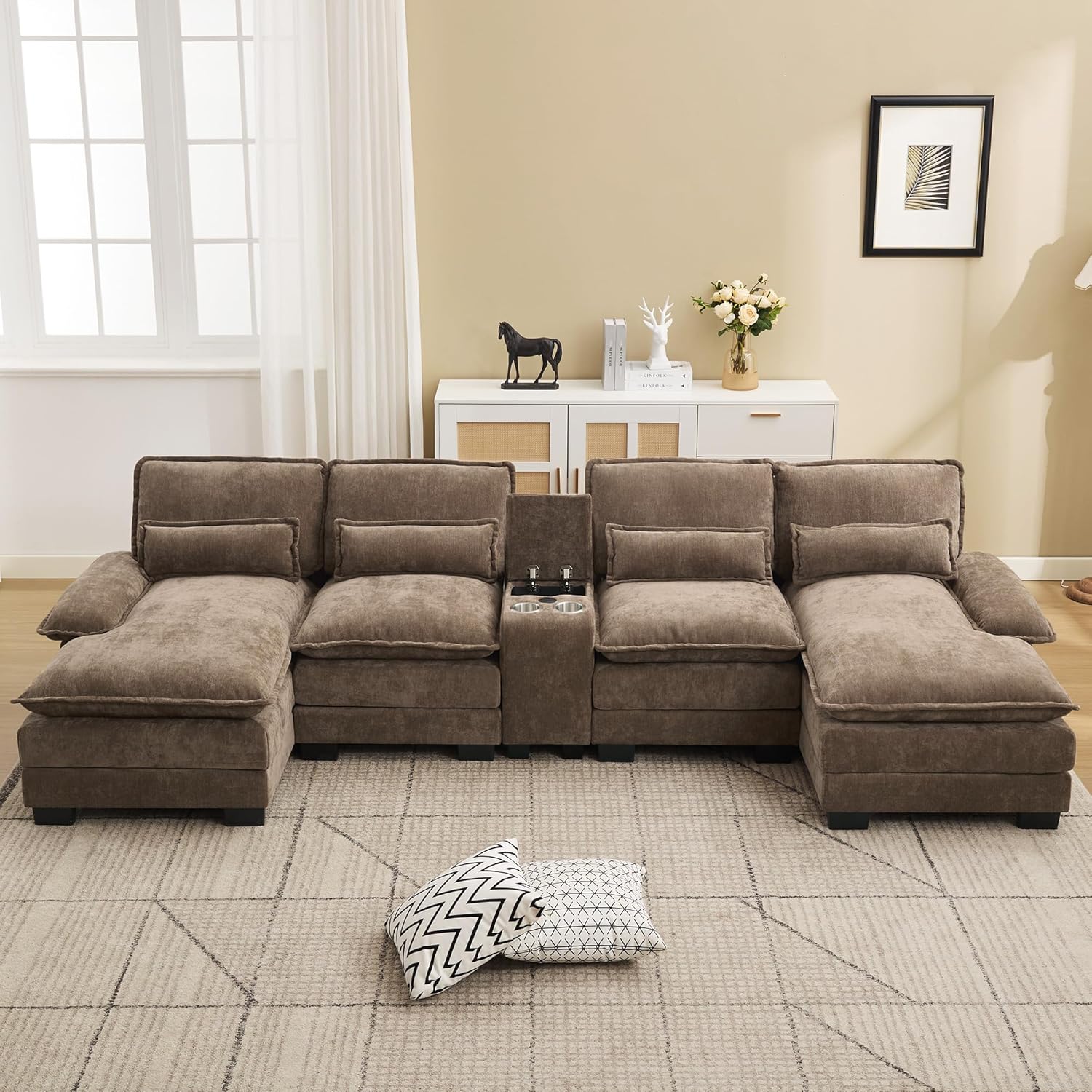 125'' u shaped sectional sofa showing storage console and cup holders