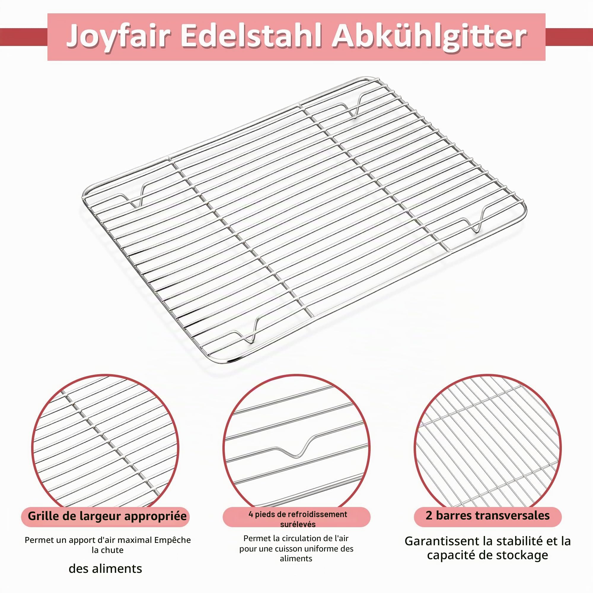 Joyfair grande Plaque de cuisson en acier inoxydable avec grille de refroidissement et à gâteau, 40 x 30 x 2,5 cm, pour rôti/refroidissement