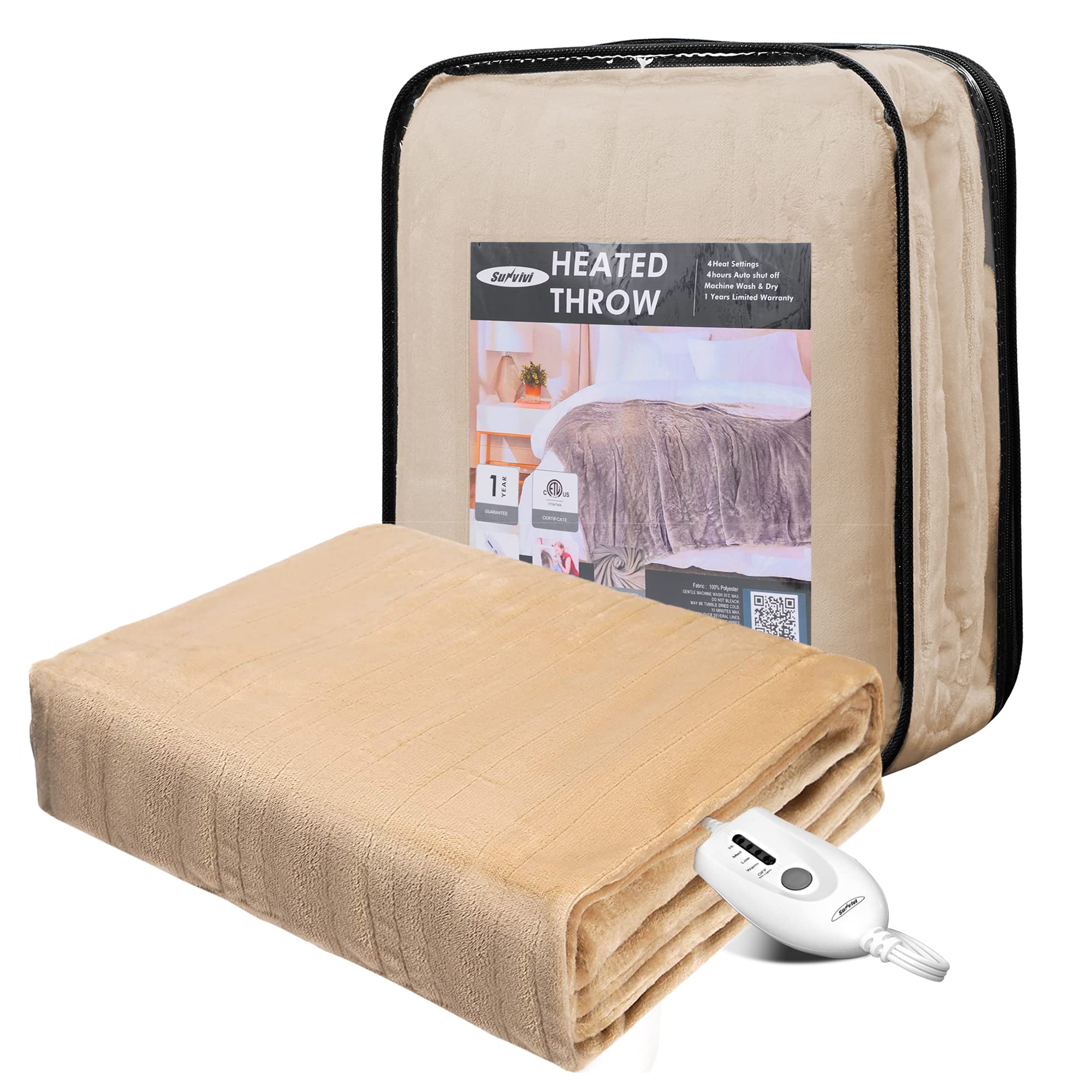 Amazon.com: Sunvivi Electric Throw, Heated Blanket 50'' x 60'', 5 Years  Warranty, Double-Layer Flannel, 4 Hours Auto-Off, 4 Heat Settings, ETL  Certified, Machine Washable (Beige) : Home u0026 Kitchen