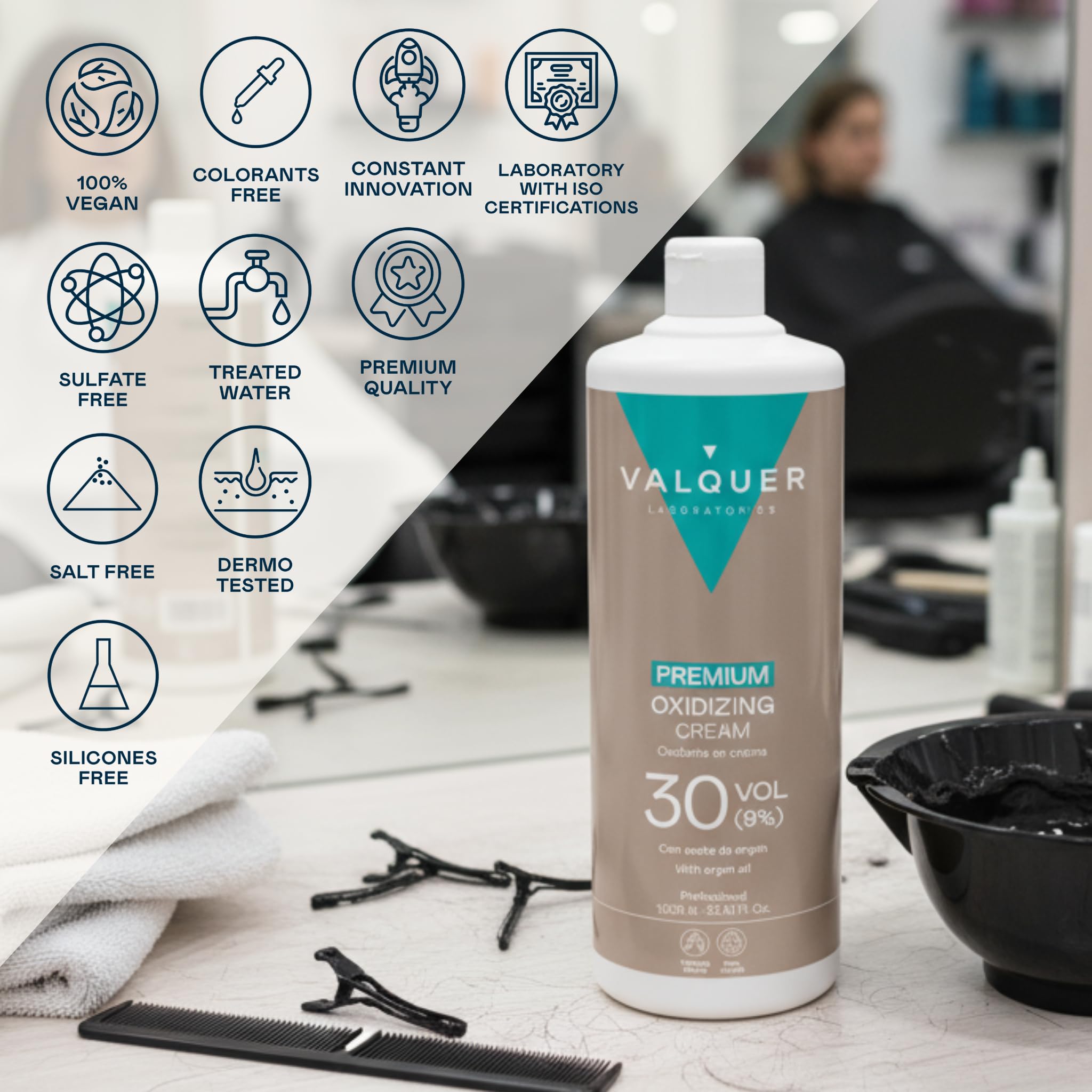 VALQUER Eau Oxygénée 30 Volumes 9% Crème Premium Ultra-Crémeux Oxydant Capillaire Professionnel Vegan à l'huile d'argan pour Coloration et Décoloration Cheveux - Réduction des odeurs - 1L