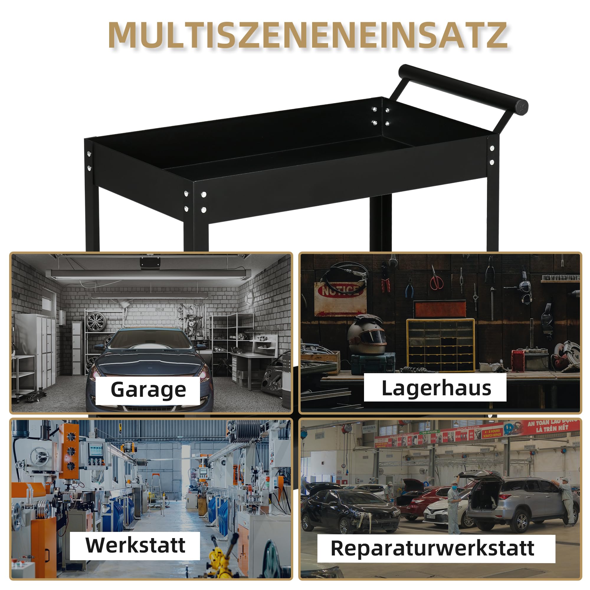 DURHAND Werkstattwagen mit 2 Etagen, Werkzeugwagen leer, Transportwagen, seitlicher Griff, 4 Rollen, Stahl, bis 150 kg Tragkraft, 84,5 x 38 x 84 cm, Schwarz