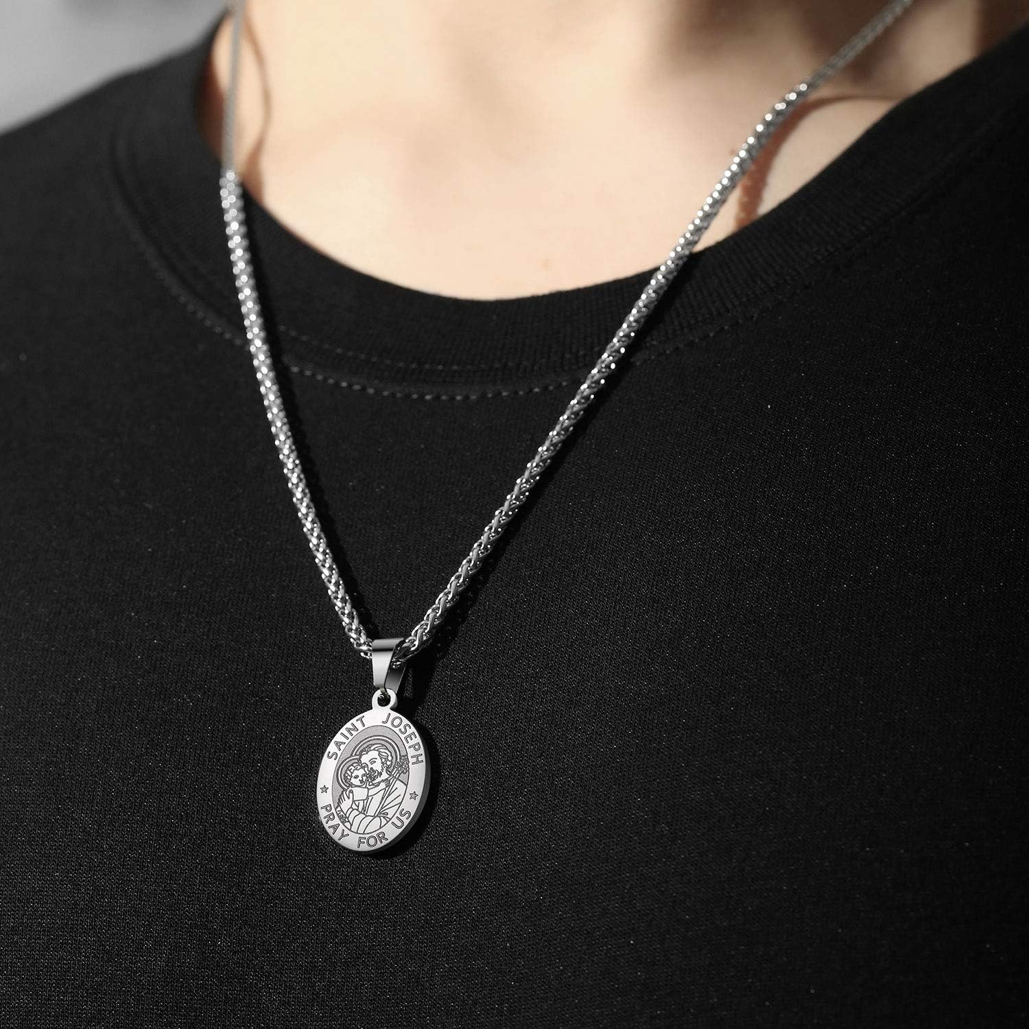 P. BLAKE Oval Saint Christopher/Michael/Joseph/Jude/Virgin Mary/Joseph/Francis/Patrick/Anthony/Benedict/Thomas Necklace for Men Women, Stainless Steel Catholic Patron Pendant with Chain 24 Inches - Image 2