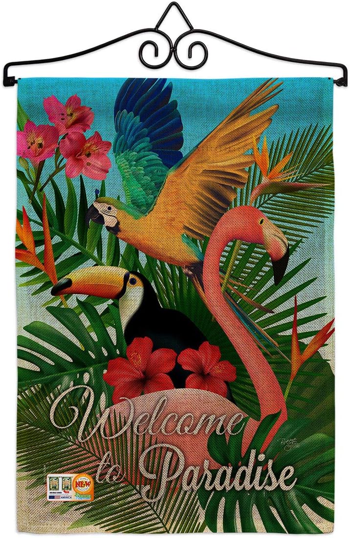 Breeze Decor Tropical Bird Paradise Garden Flag Set Wall Holder Summertime Ocean Beach Seashells Pineapple Outdoor Summer Aloha Small Decorative Gift Yard House Banner Made in USA 13 X 18.5