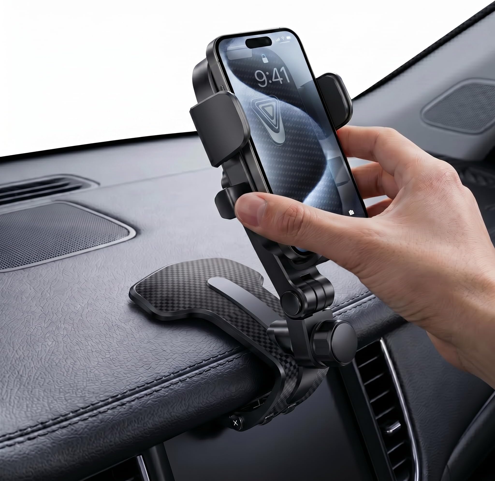 車載スマホホルダー クリップ式 360度回転 車 スマホスタンド ダッシュボード サンバイザー iPhone Android 全機種対応 携帯ホルダー ブラック