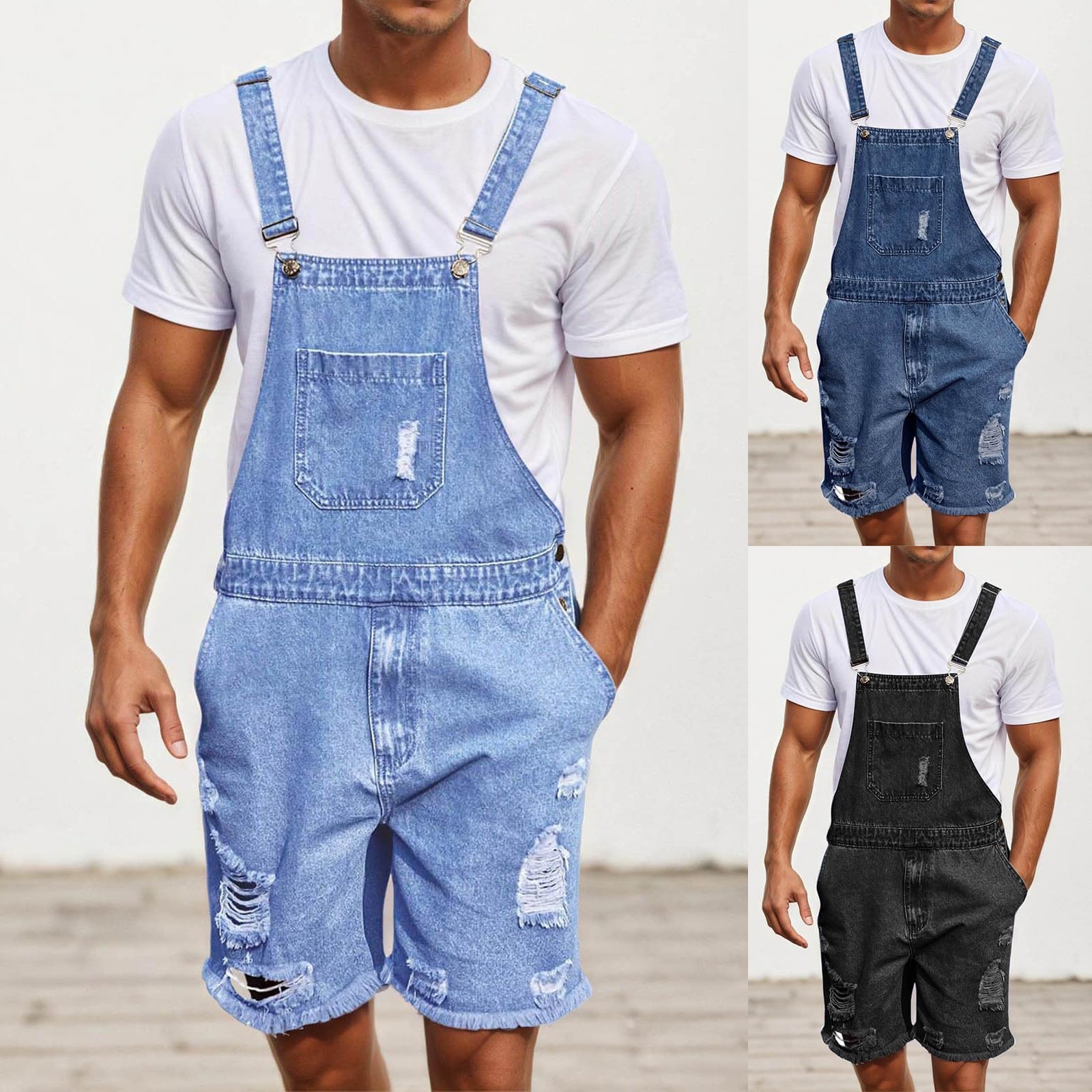 Combinaison courte à bretelles pour homme - Décontractée - Confortable - Légère - Vintage - Salopette élégante avec poches - Trou déchiré - Jean court - Mode classique