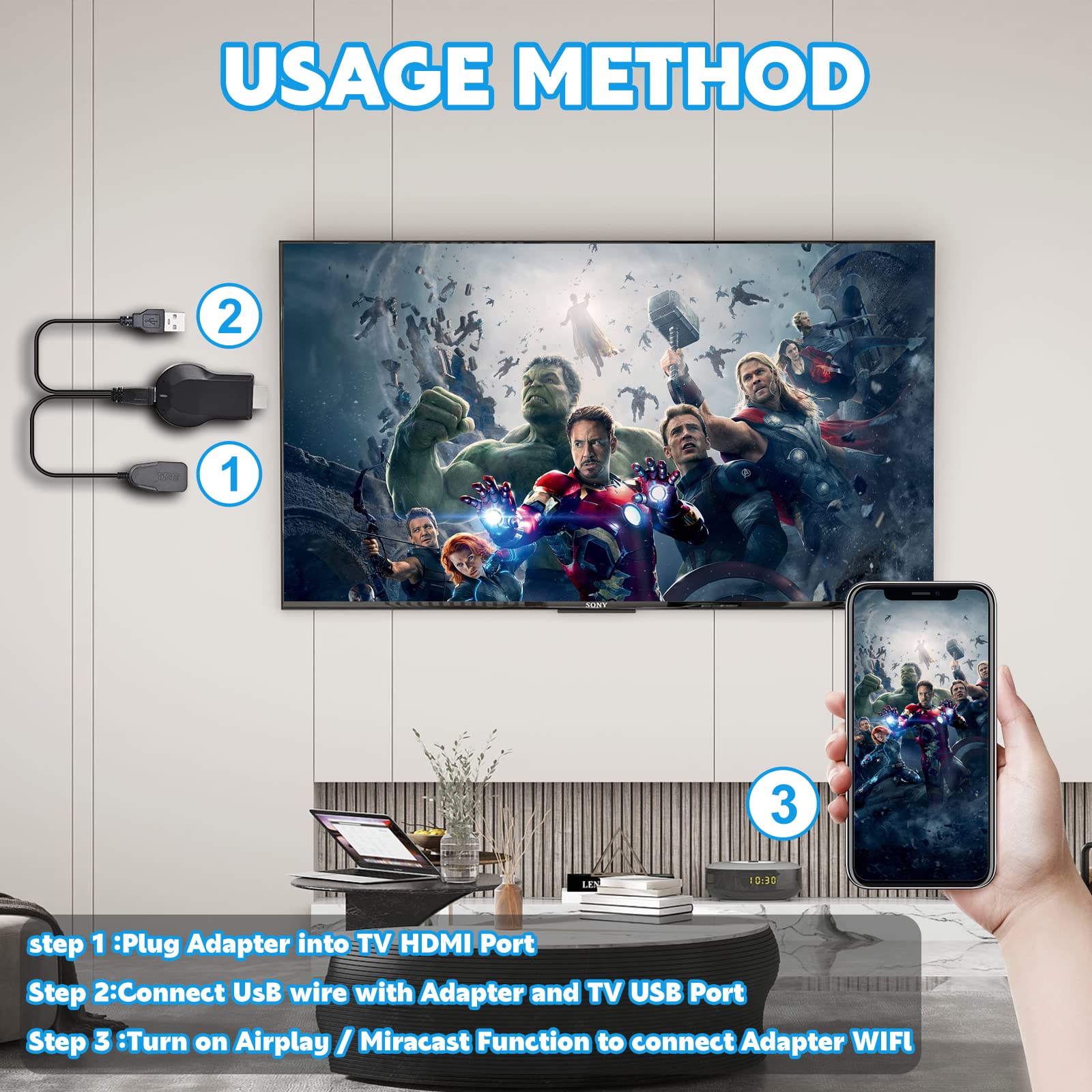HDMI Wireless Display Adapter - WiFi 4K&1080P Mobile Screen Mirroring Receiver Dongle to TV/Projector Receiver Support Windows
