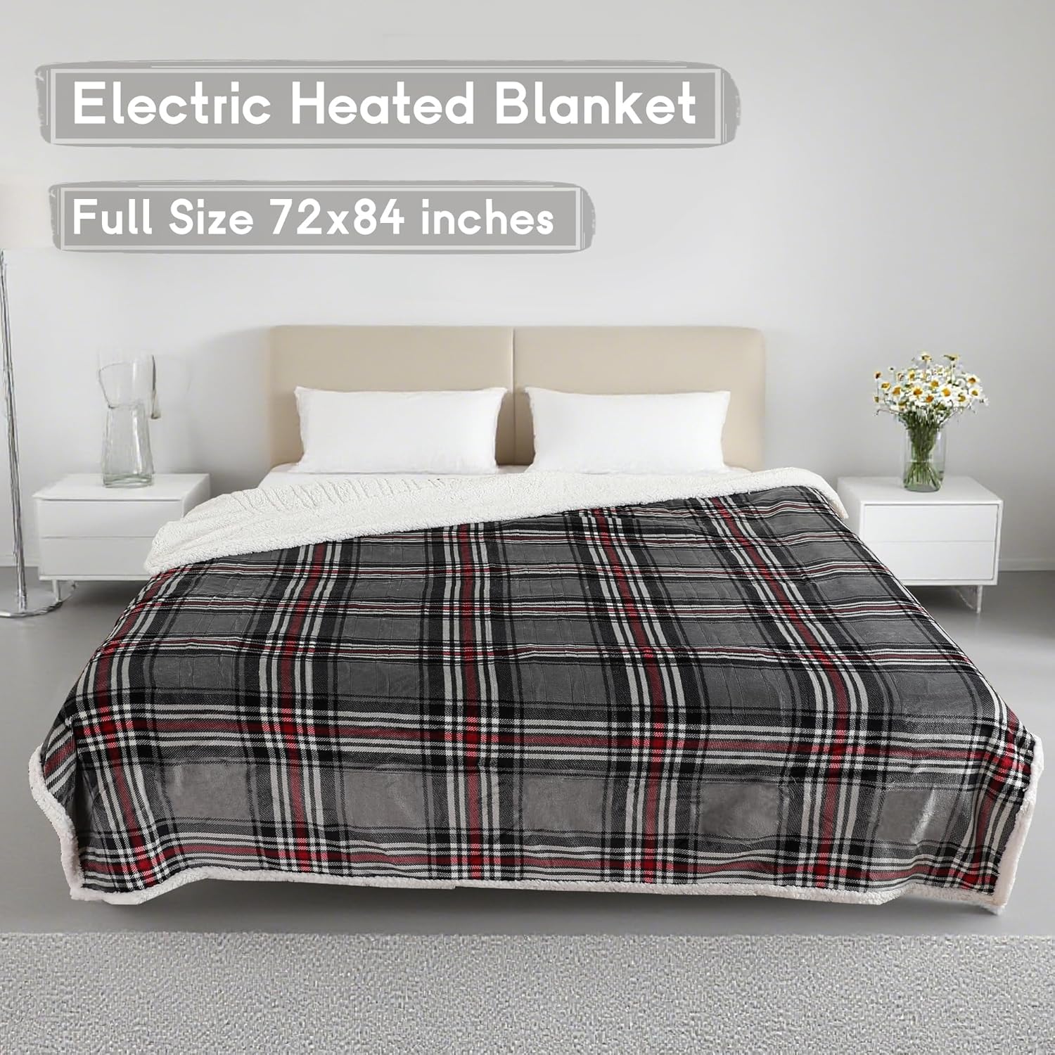 Heated Blanket Electric Blanket Full Size 72''x84'' with 10 Heating Levels, 12 Hour Auto Shut Off, Machine Washable, Flannel & Sherpa Soft Warming Blanket for Couch, Bed, Office - Gray & Red - Image 2
