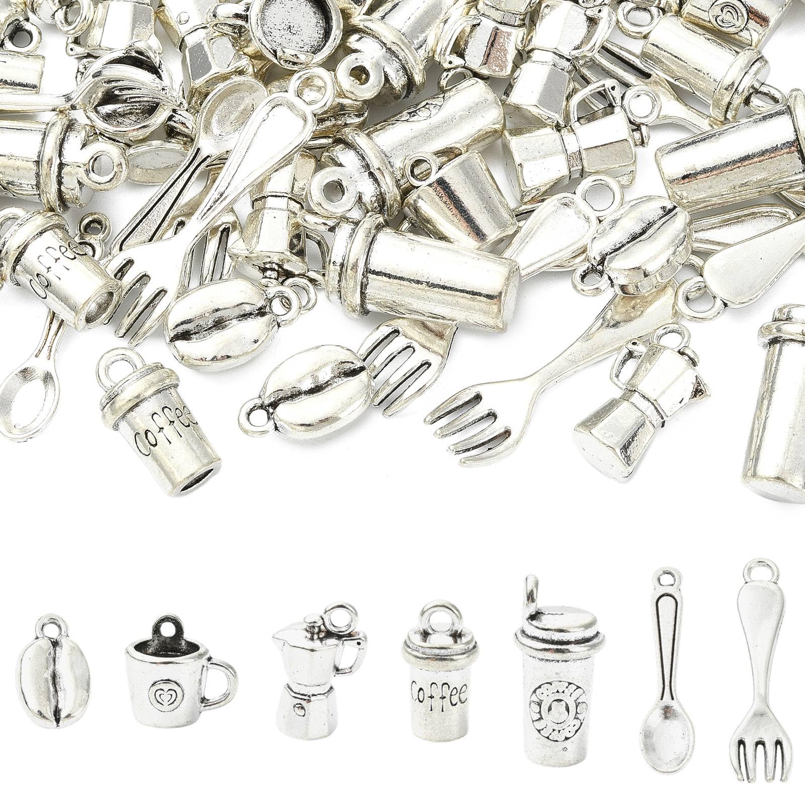 Stiesy 70Pcs Antique Silver Coffee Cup Charms Coffee Bean Tibetan Pendants Vintage Spoon Fork Charm Bulk for Jewellery Bracelet Making DIY Craft