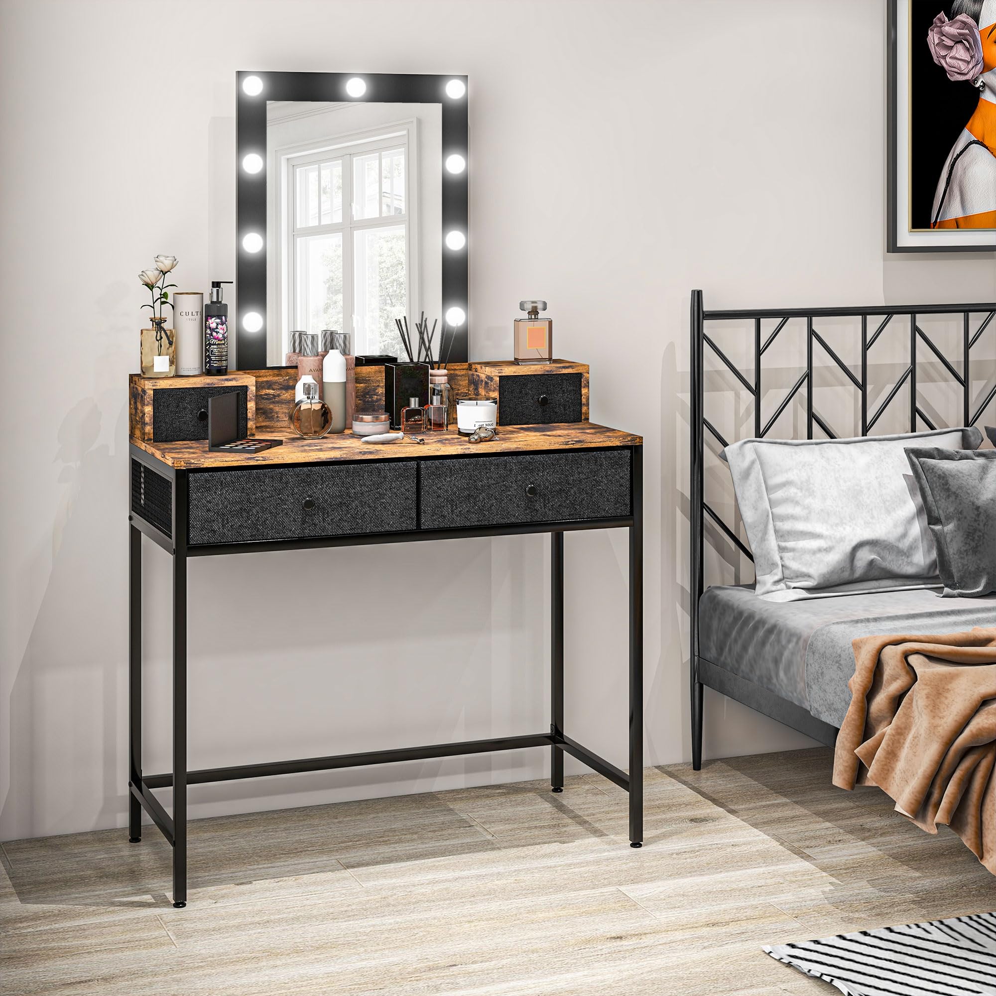 HOMCOM Coiffeuse Miroir LED Intégré 90L x 40l x 148H cm Aspect Bois Foncé