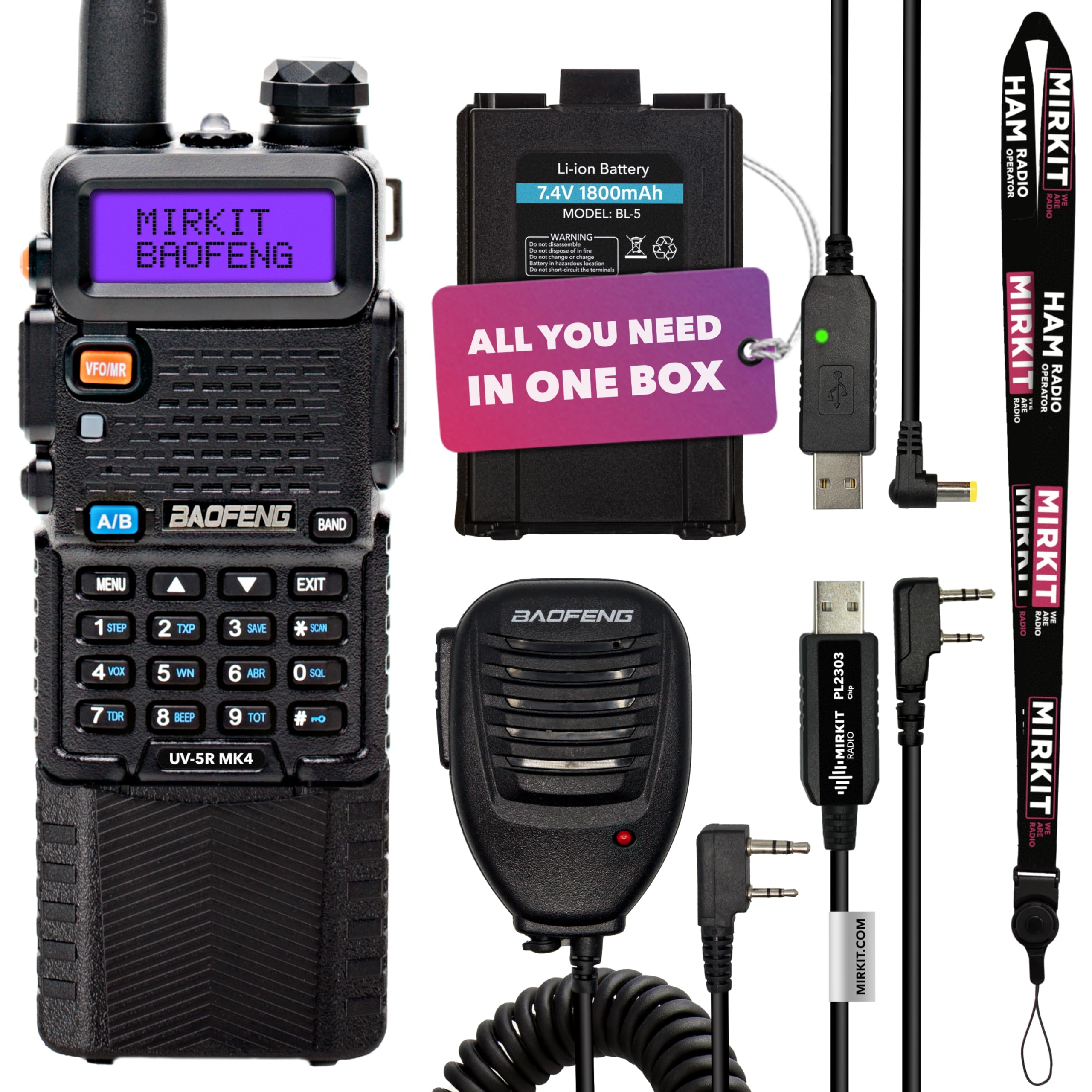 Mirkit Baofeng UV-5R MK4 8W Extra Pack Two Way Radio - Walkie Talkies VHF/UHF 144-148/420-450 MHz Ham Radio with Battery 3800 mAh, Speaker Mic and Programming Cable