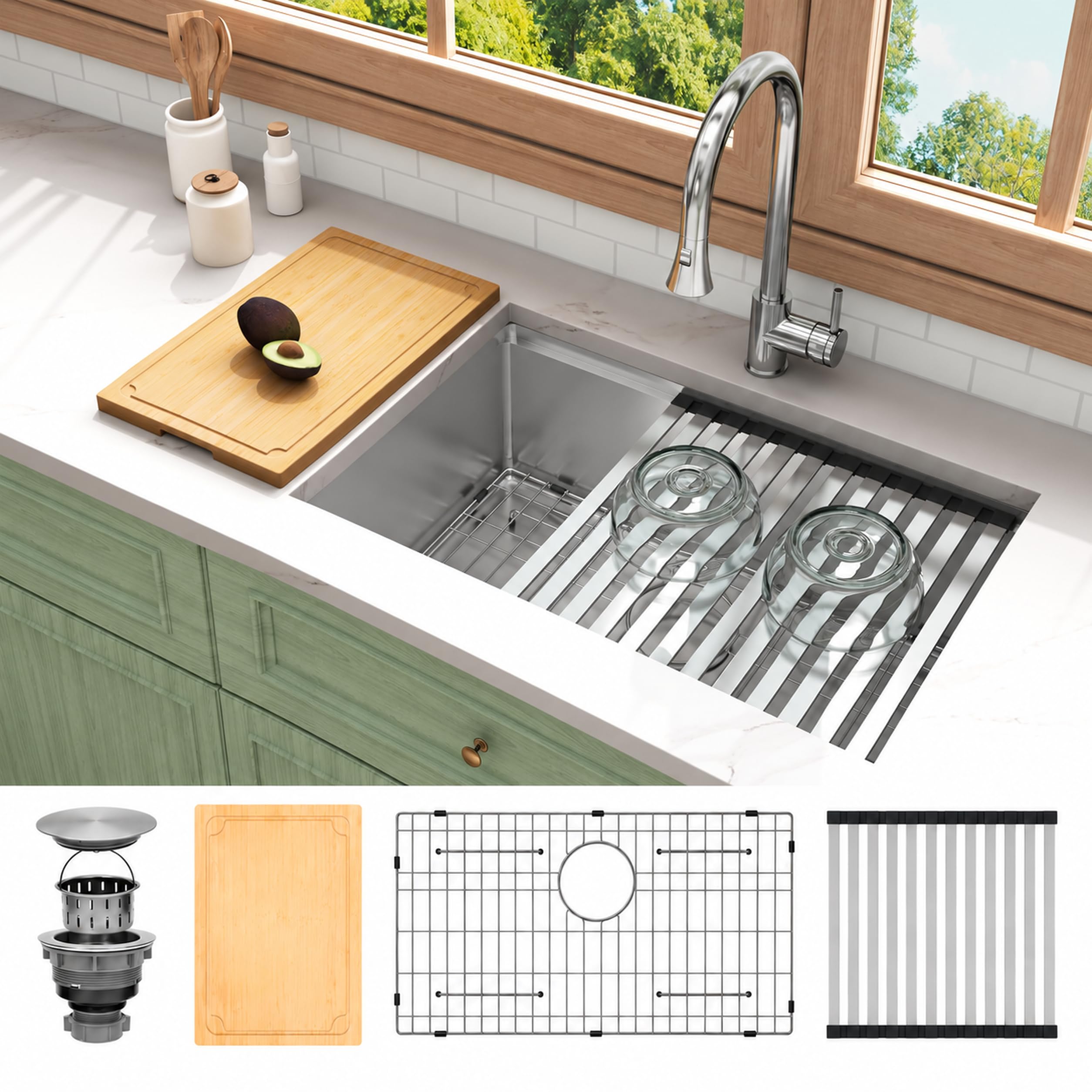 LQS 28 Inch Stainless Steel Undermount Kitchen Sink, Workstation Sink