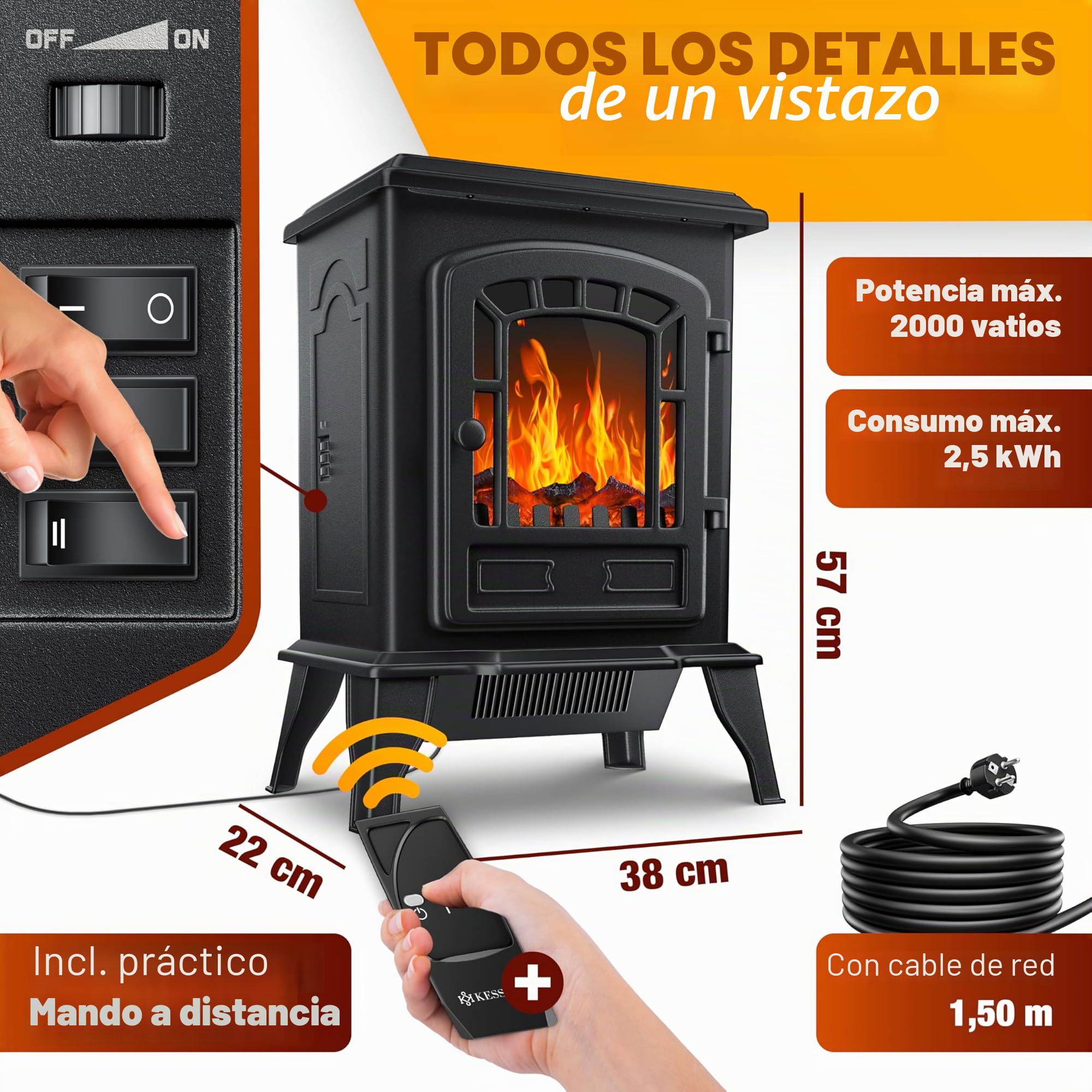 KESSER® Estufa eléctrica con Ventilador de 2000W Calentador eléctrico Estufa LED Efecto Llama, bajo Ruido, Ajustable, Negro