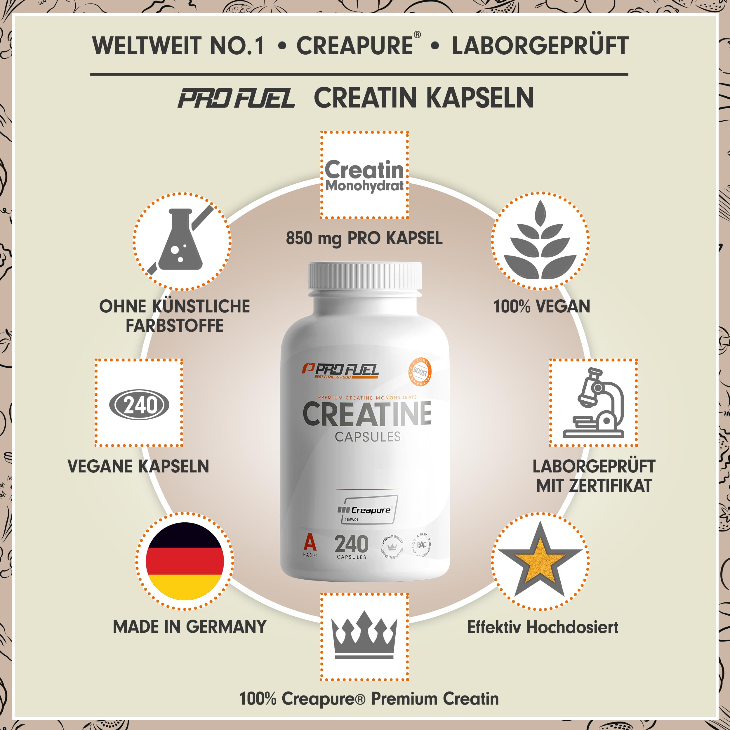 Creatin Kapseln 240x mit 850mg Creapure® Kreatin Monohydrat - hochwertiges Creatine Made in Germany - optimal hochdosiert mit 3000 mg reinem Creatin pro Tag - laborgeprüft mit Zertifikat - 100% vegan
