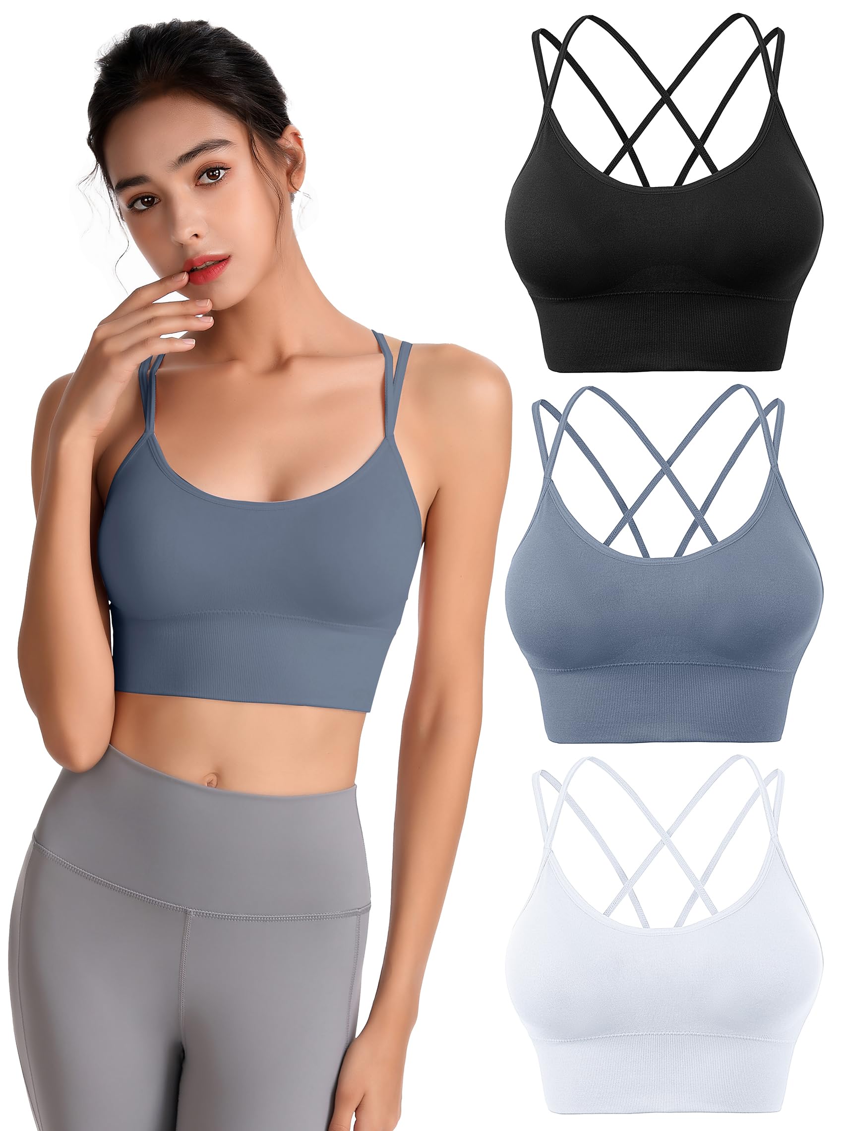 Sujetadores deportivos acolchados para mujer, tirantes cruzados, para yoga, entrenamiento, fitness, correr, gimnasio, parte superior de bajo impacto, Paquete de 3 negro, blanco, azul, Large