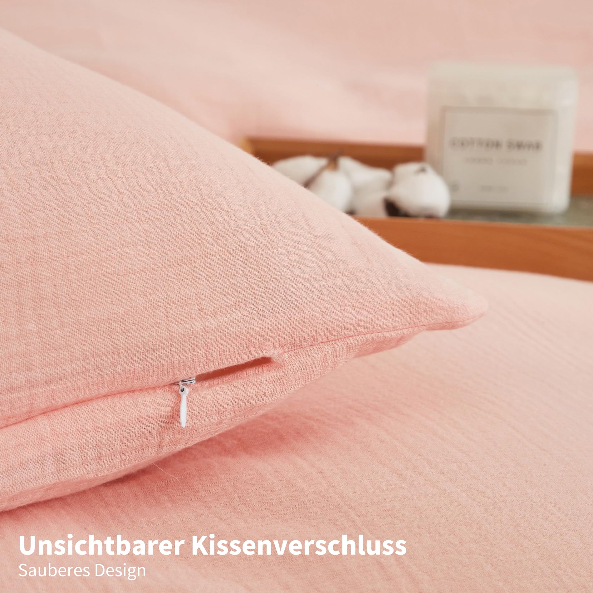 Doppelte Muslin Bettwäsche 135x200 Rosa 100% Baumwolle Bettwäsche Muslin Weich Atmungsaktiv Kuschelige Bettbezug Set 2teilig mit Reißverschluss und 80x80 cm Kissenbezug