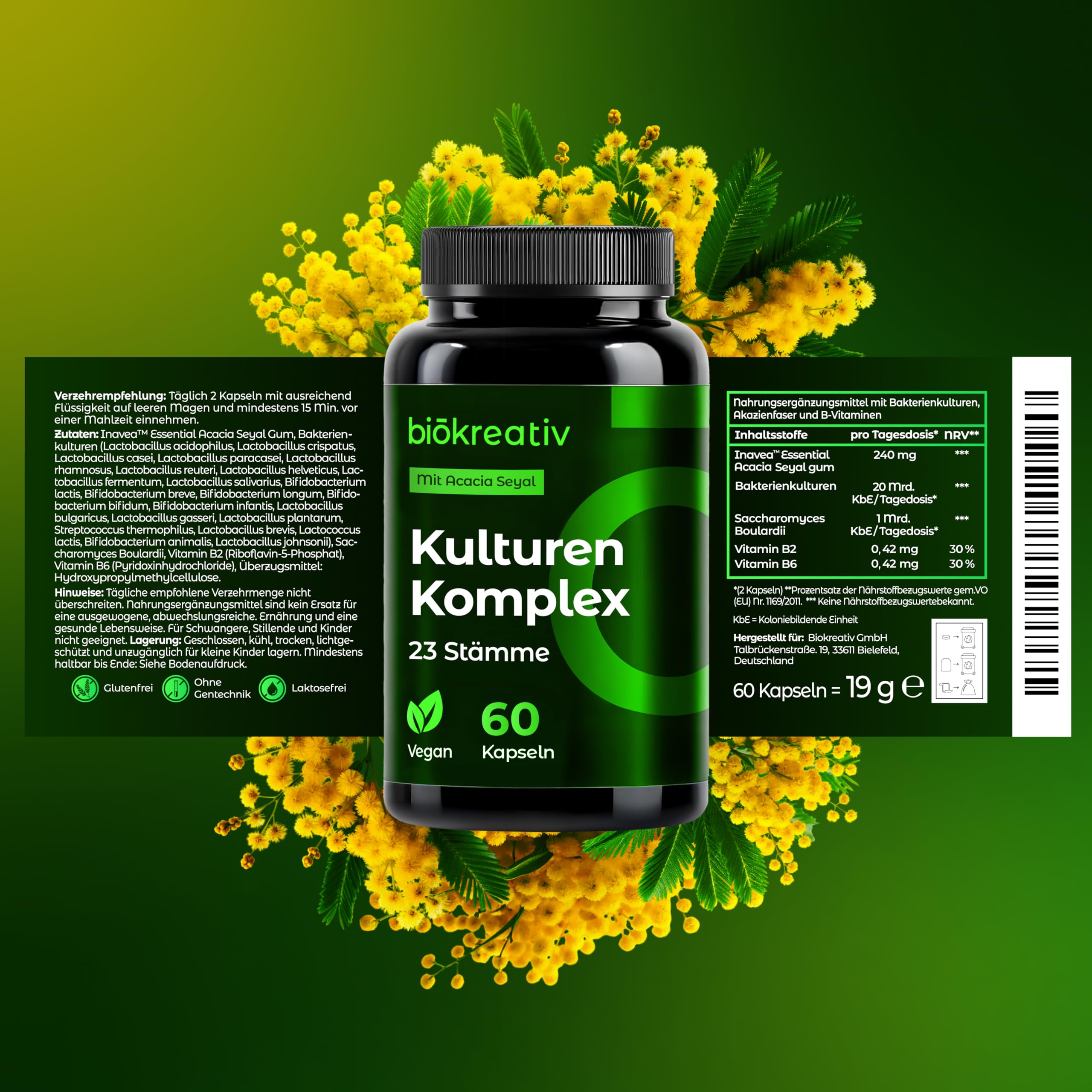 Biökreativ Kulturen Komplex ohne Inulin – 21 Mrd. KBE, 23 Stämme, mit Akazienfaser, Bakterienkulturen, Bifidobakterien, Lactobacillus, Vitamin B2 & B6, Vegan, 60 Kapseln