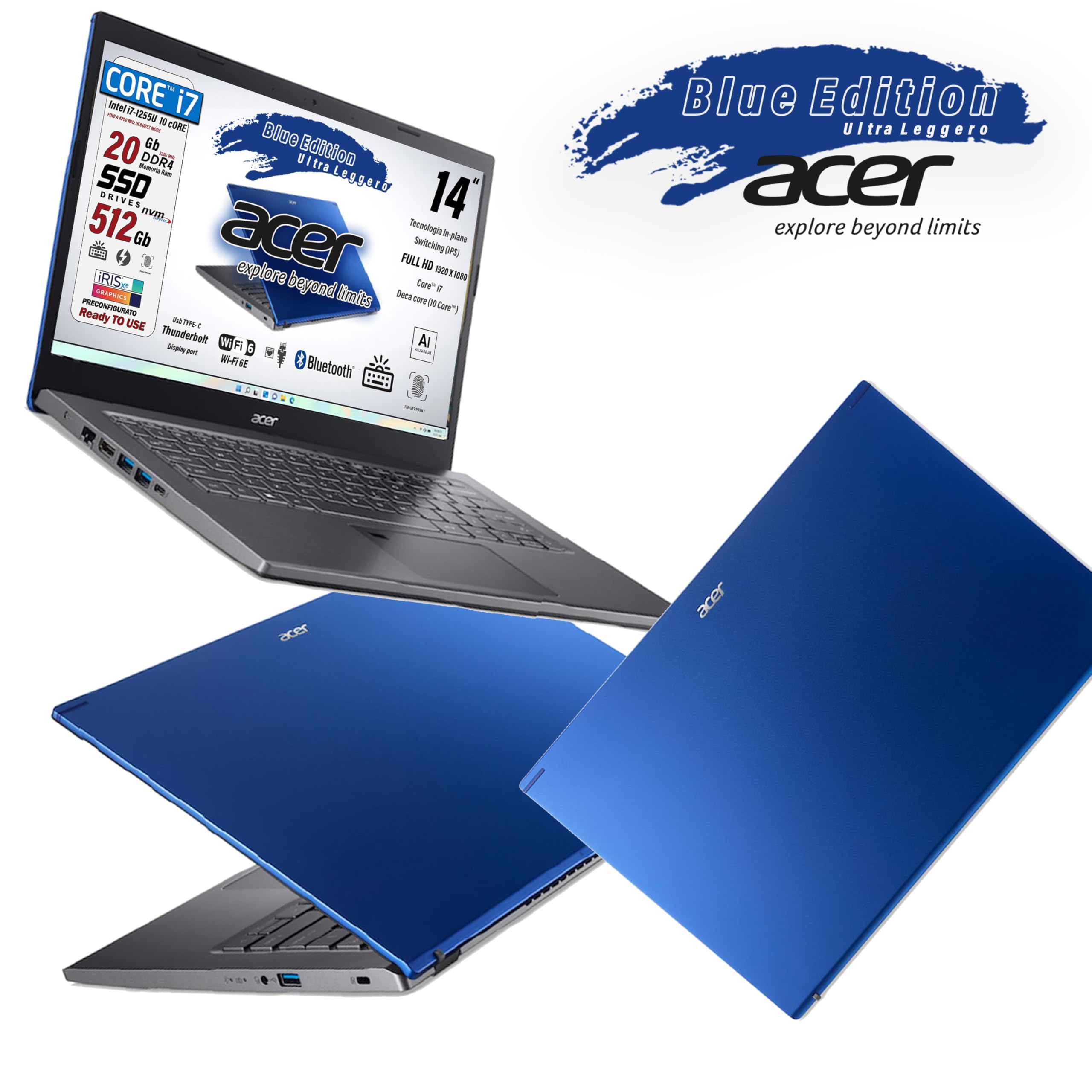 acer Notebook Intel Core i7-1255U, 10 Core, ram 20Gb, SSD Pcie Nvme 512Gb, display 14" FHD IPS, Tastiera retroilluminata, Fingerprint, thunderbolt, ultraleggero, Win 11Pro, blu, preconfigurato