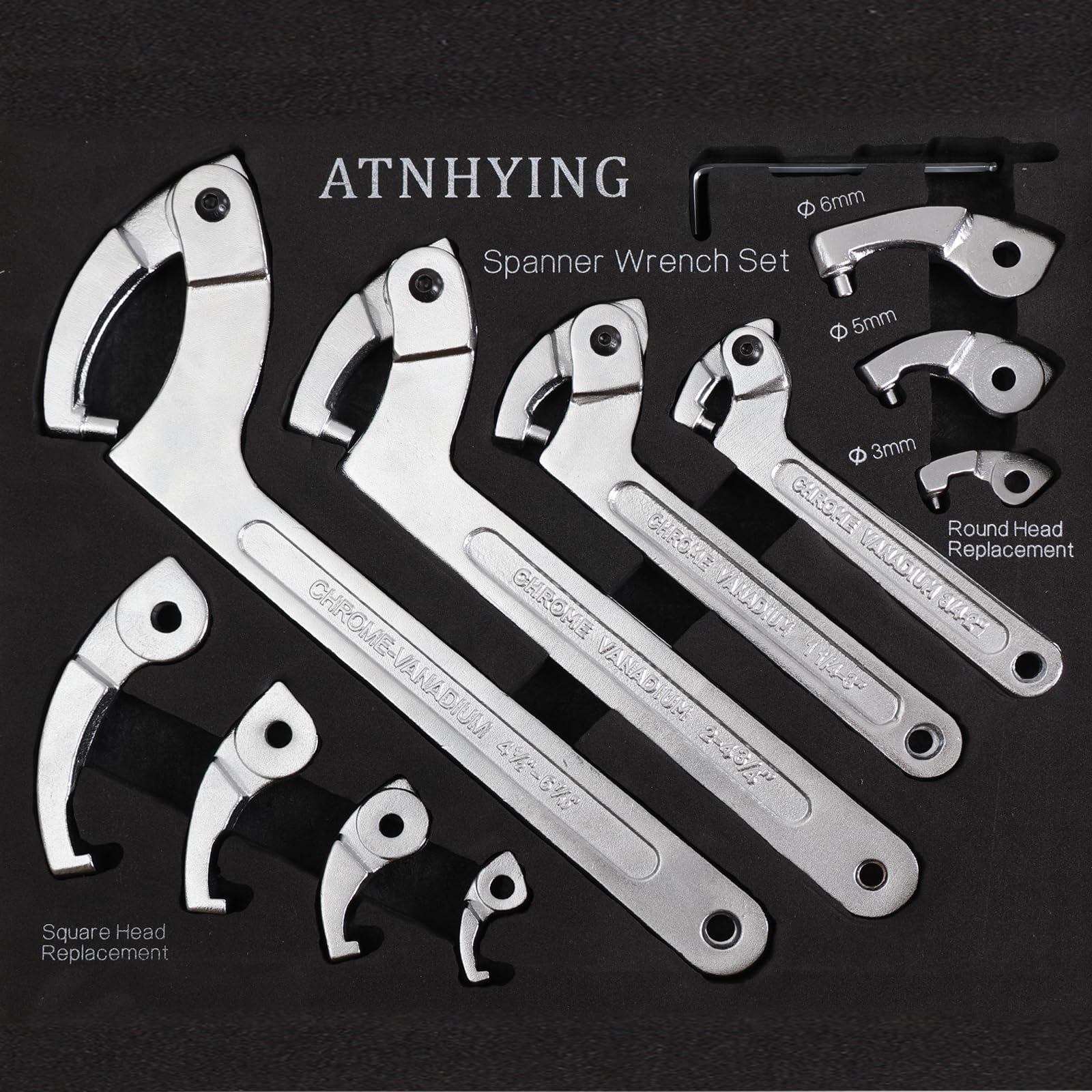12pcs Adjustable Spanner Wrench Sets with Replaceable Head, C-Shape Pin Hook Wrench Tools for Pipes Heating Cars, Castle Buffer tube Nut Coilover Wrench for Suspension System, 3/4" to 6-1/10"