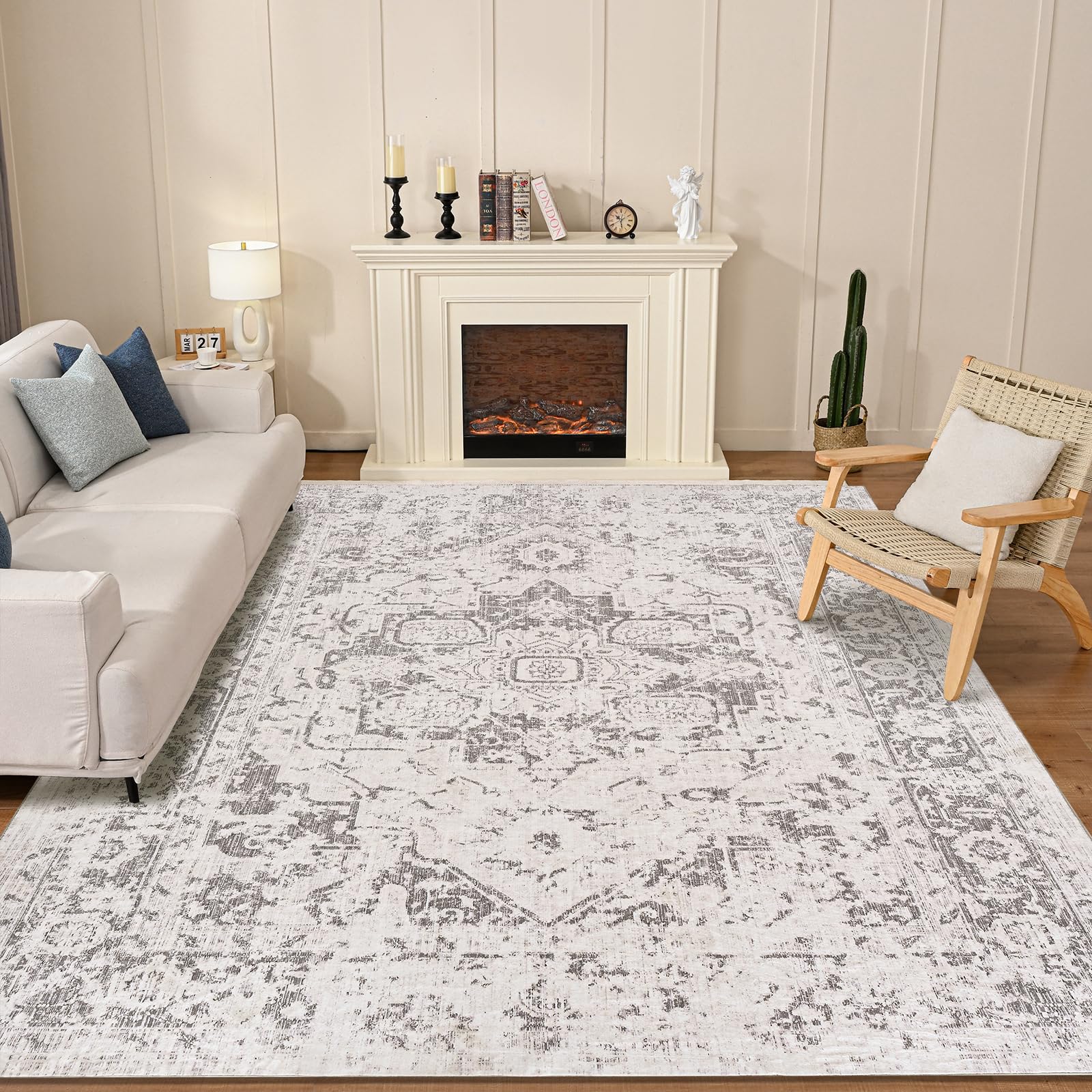 Washable Rugs 119x157for Living Room - Grey Large Vintage Urtla Thin Bedroom Area Rug with Non Slip Rubber Backing - Indoor Floor Carpet for Dining Room Home Office Dorm,Grey/White,