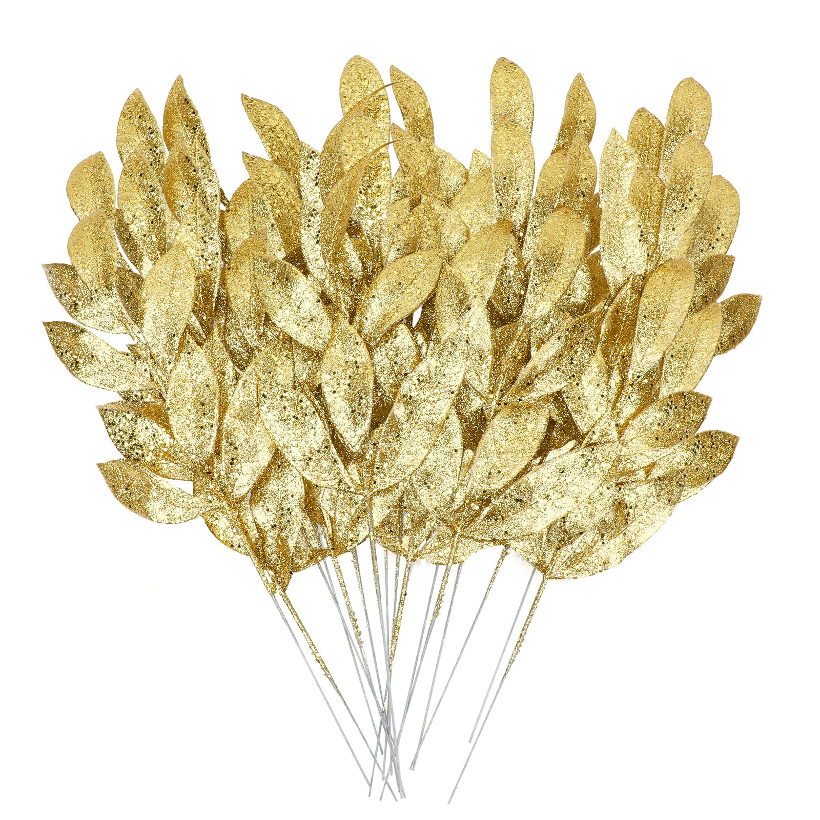 MWOOT 16 Piezas Hojas Artificiales con Purpurina, Ramas Artificiales Navidad Oro, Adornos de Navidad para DIY Manualidades Guirnalda Árbol de Navidad Mesa Decoración del Hogar y Jardín