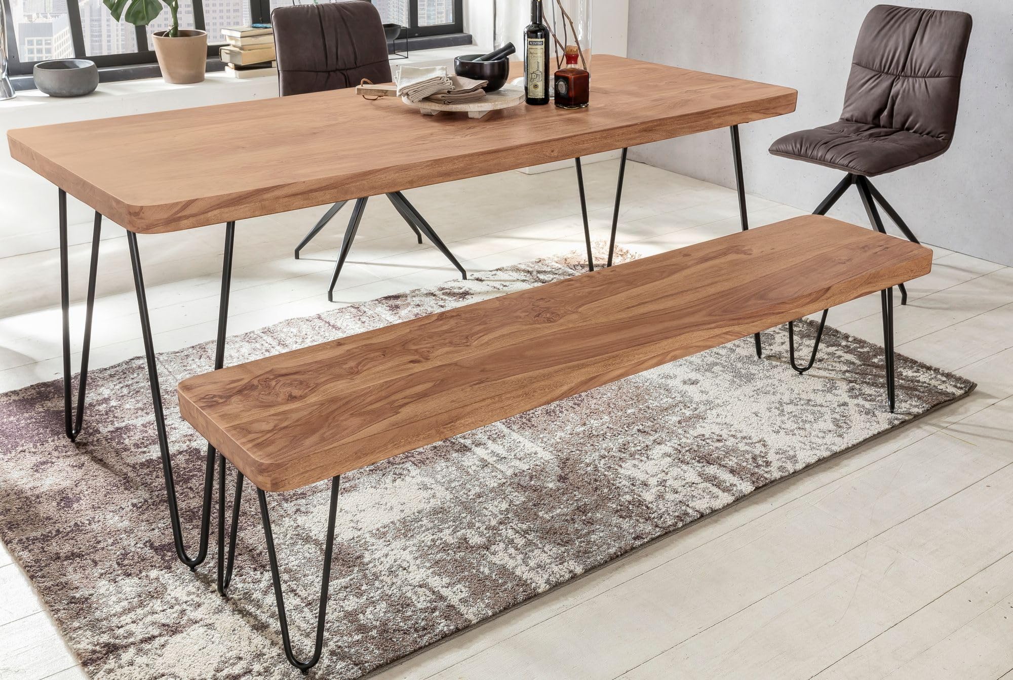 FineBuy Banc de Cuisine en Bois Massif Acacia/Métal 160 x 45 x 40 cm | Style Champêtre pour Salle à Manger - Capacité de Charge 200-250 kg | Table de Cuisine