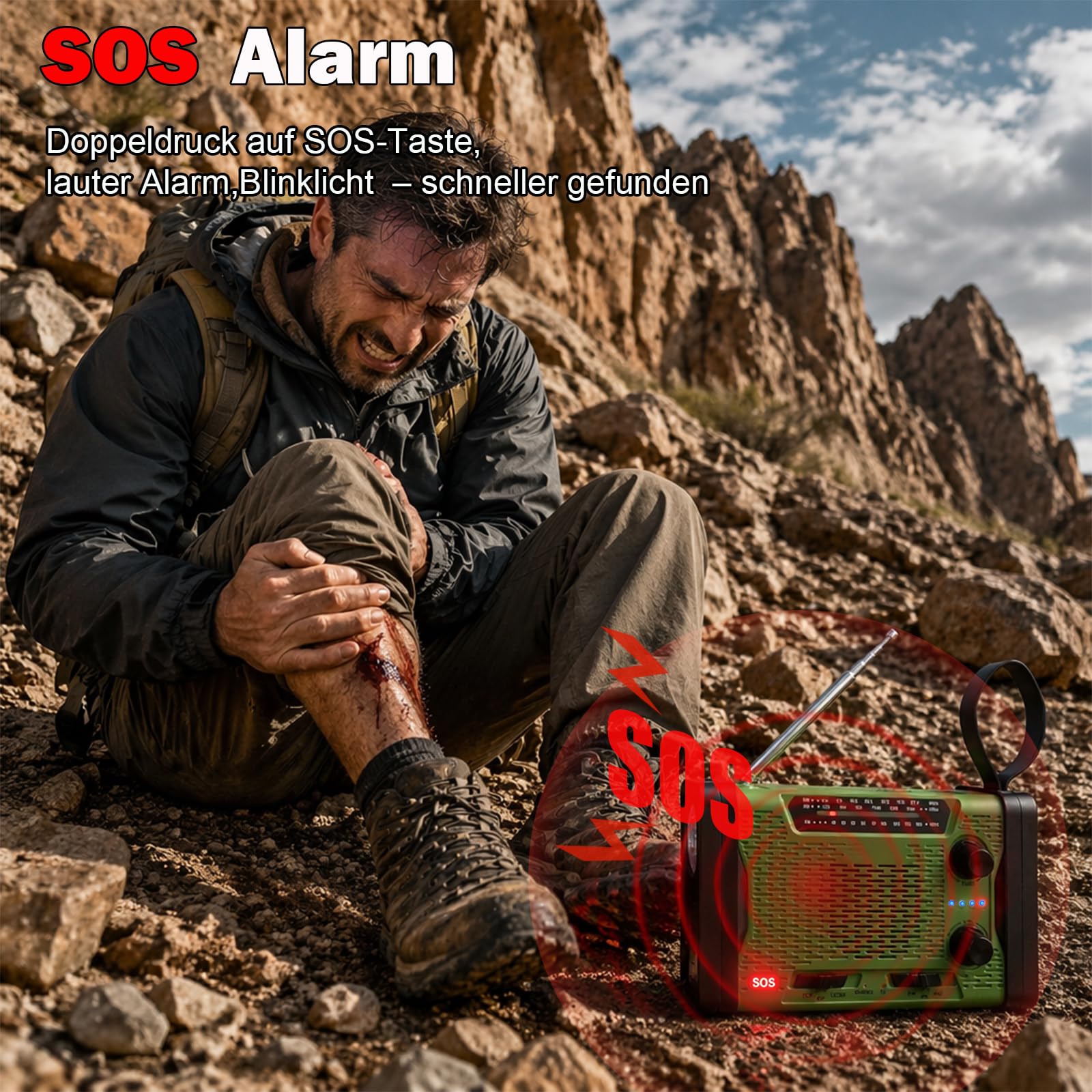 Kurbelradio mit 5000mAh Powerbank, Notfallradio AM/FM/SW Weltempfänger, Tragbares Radio Batteriebetrieben mit USB-C Handyladung, SOS-Alarm, LED Taschenlampe & Leselampe für Camping, Outdoor, Blackout