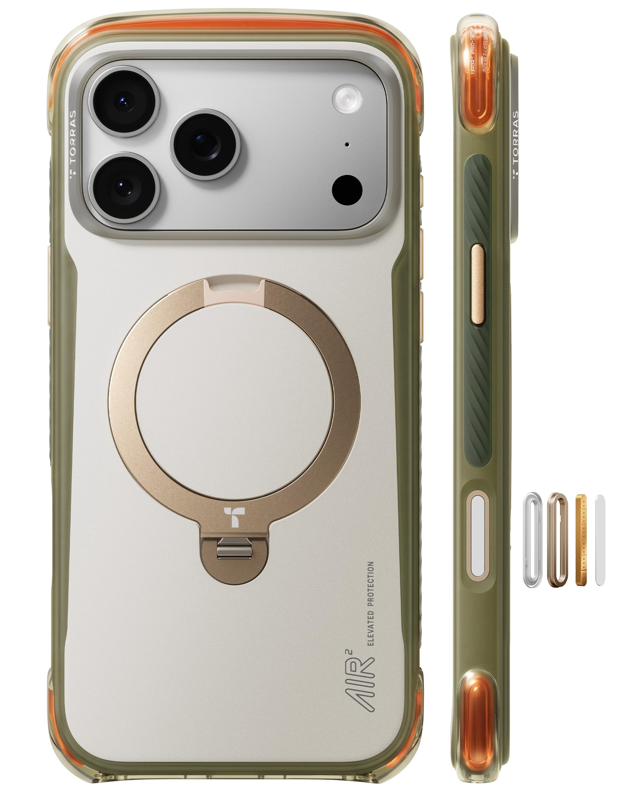 TORRAS Ostand Q3 Air Pro für iPhone 17 Pro Max Hülle, Air² Pro Schutzsystem mit doppelter Airbag-Struktur, 360° Aluminium-Ständer mit MagSafe, Mattes Anti-Fingerprint Design, Alpine Frost