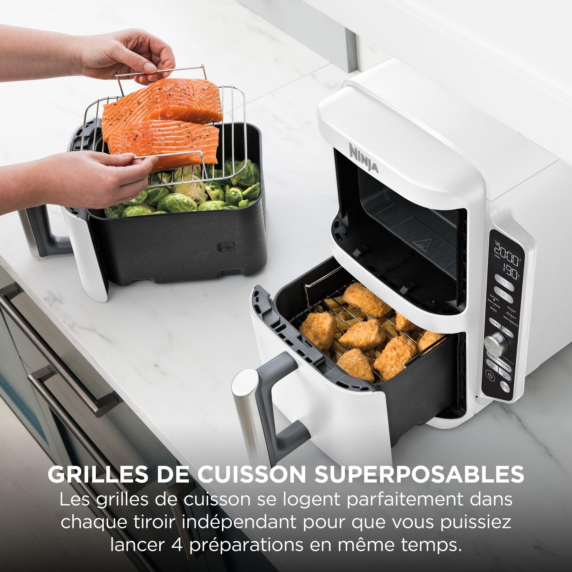 NINJA Double Stack XL Air Fryer, Friteuse sans huile Verticale Double Tiroir 4 Niveaux de Cuisson, 2 Tiroirs, 2 Grilles, Capacité de 9,5 L, 6 Fonctions, 8 Portions, Pinces, Blanc SL400EUWH