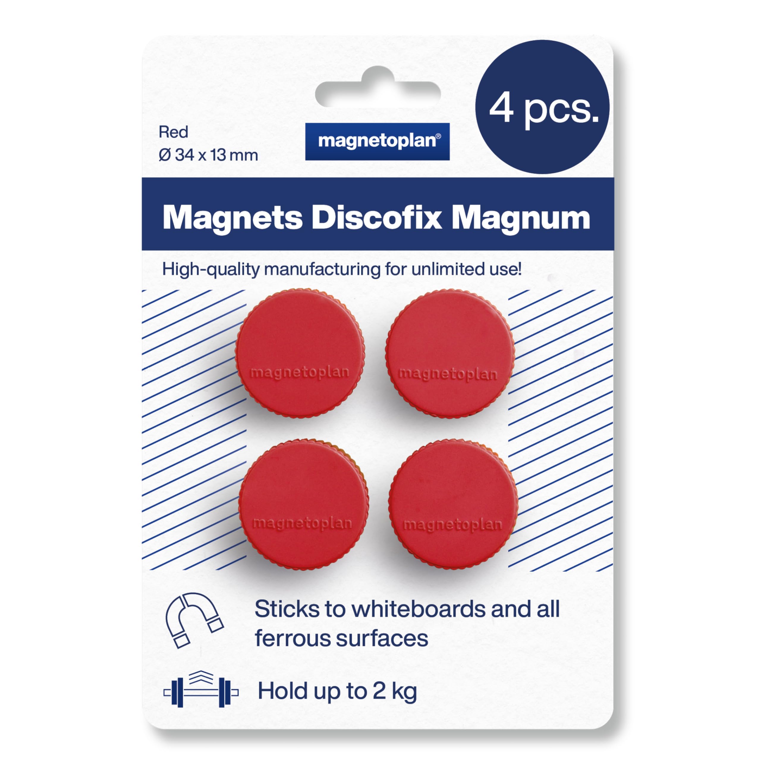 magnetoplan Premium Magnete Discofix magnum | ØxH 34x13mm | 4 Stück, rot | Haftkraft: 2 kg | Magnete für Magnettafeln und Whiteboards | Kratzfreie Spezialbeschichtung | Leicht abnehmbar