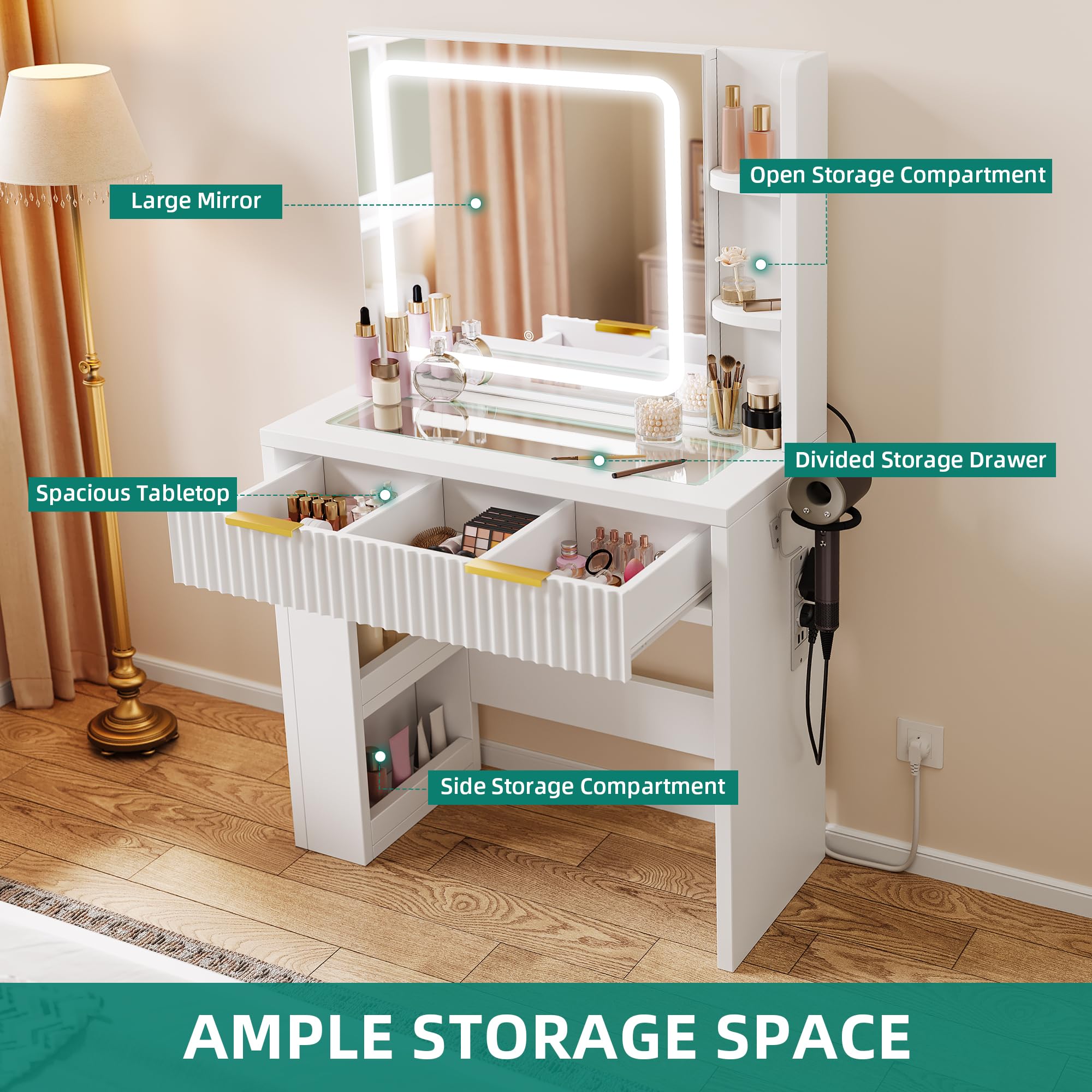 YITAHOME Schminktisch mit Verstellbarer LED-Beleuchtung und Steckdosen, Make-up-Tisch mit transparenter Glasplatte, Frisiertisch für das Schlafzimmer, 1 Schublade und 4 Fächer, weiß